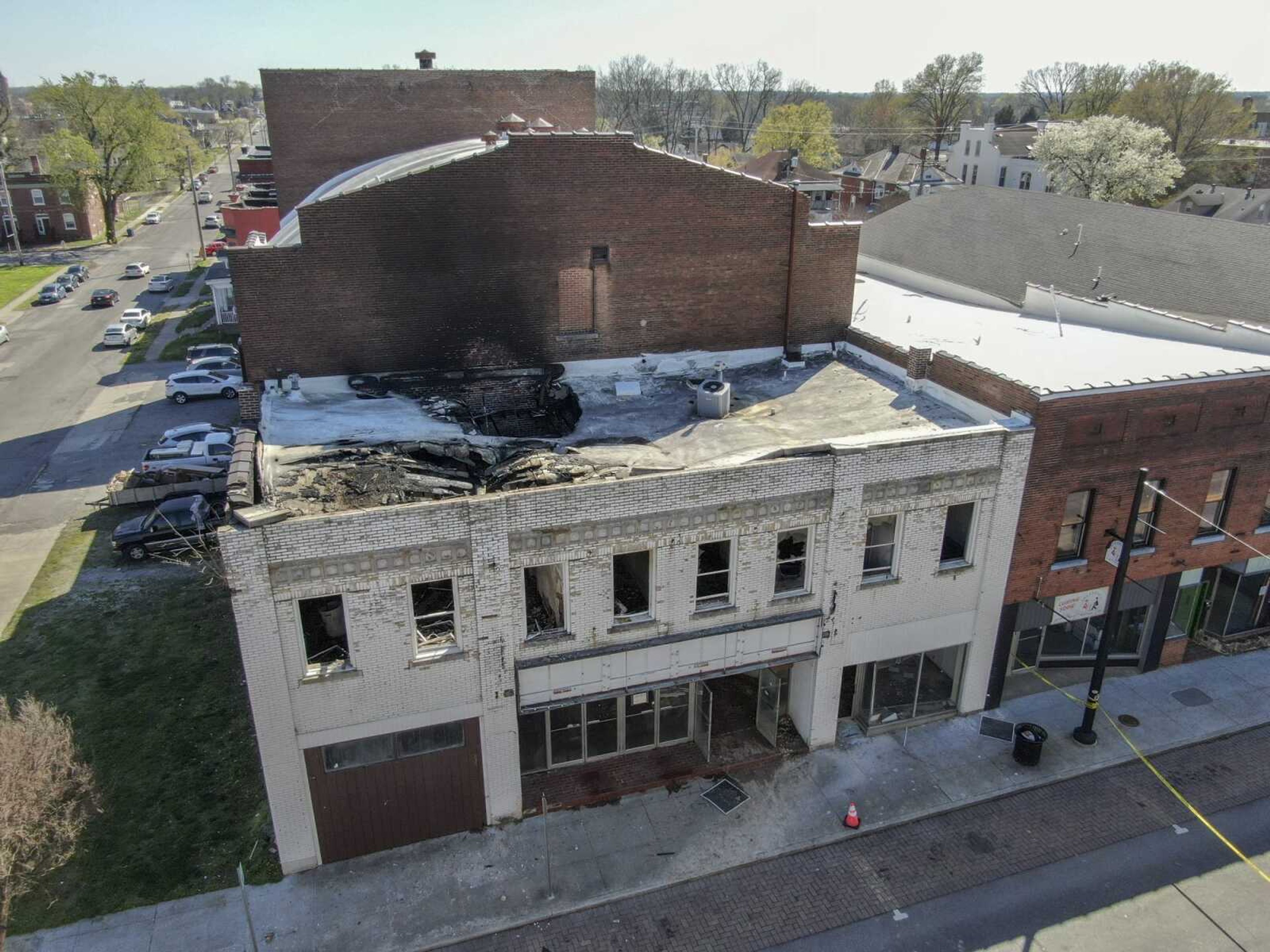 The former Broadway Theatre building in the 800 block of Broadway as seen from above Thursday following Wednesday's fire in Cape Girardeau.