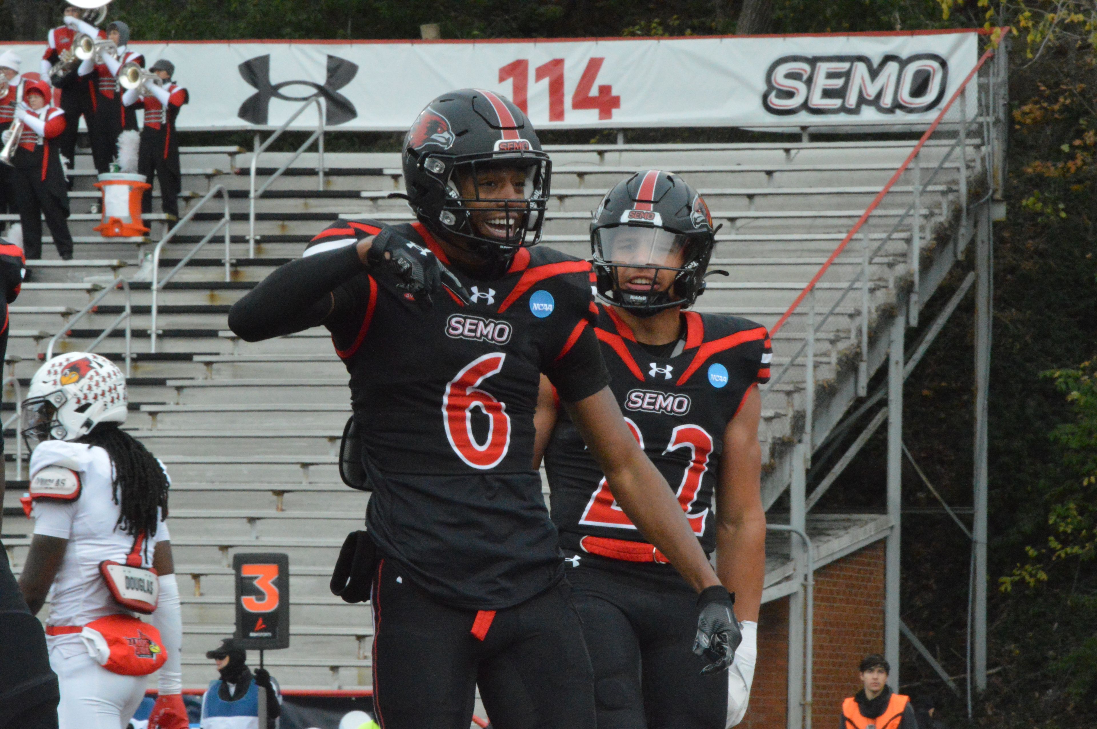 SEMO wide receiver Dorian Anderson celebrates with his Redhawk teammates after a receiving touchdown against Illinois State on Saturday, Nov. 30, at Houck Field.