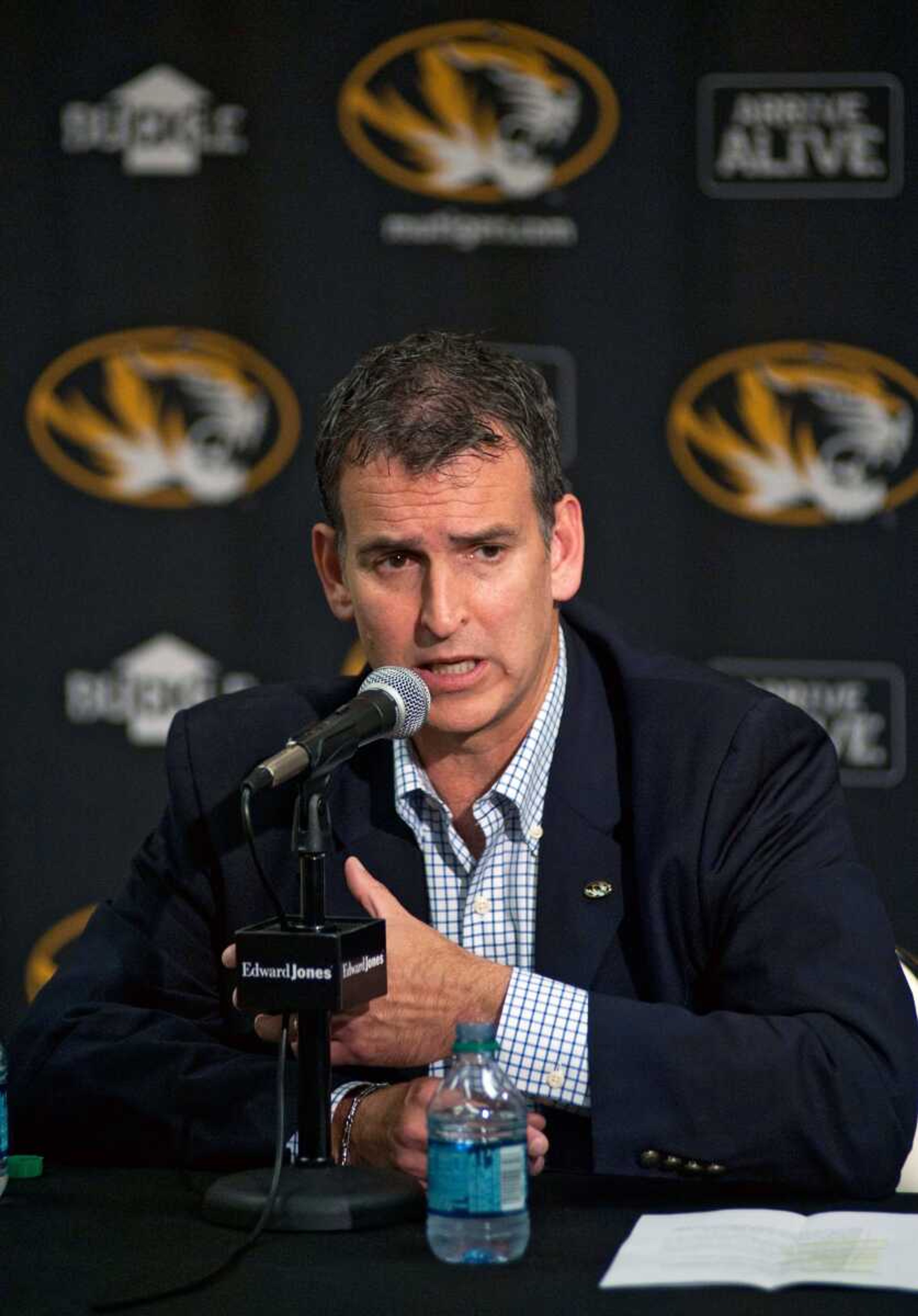 Missouri Athletic Director Mack Rhodes answers questions during a news conference Wednesday in Columbia, Missouri. (Columbia Daily Tribune)