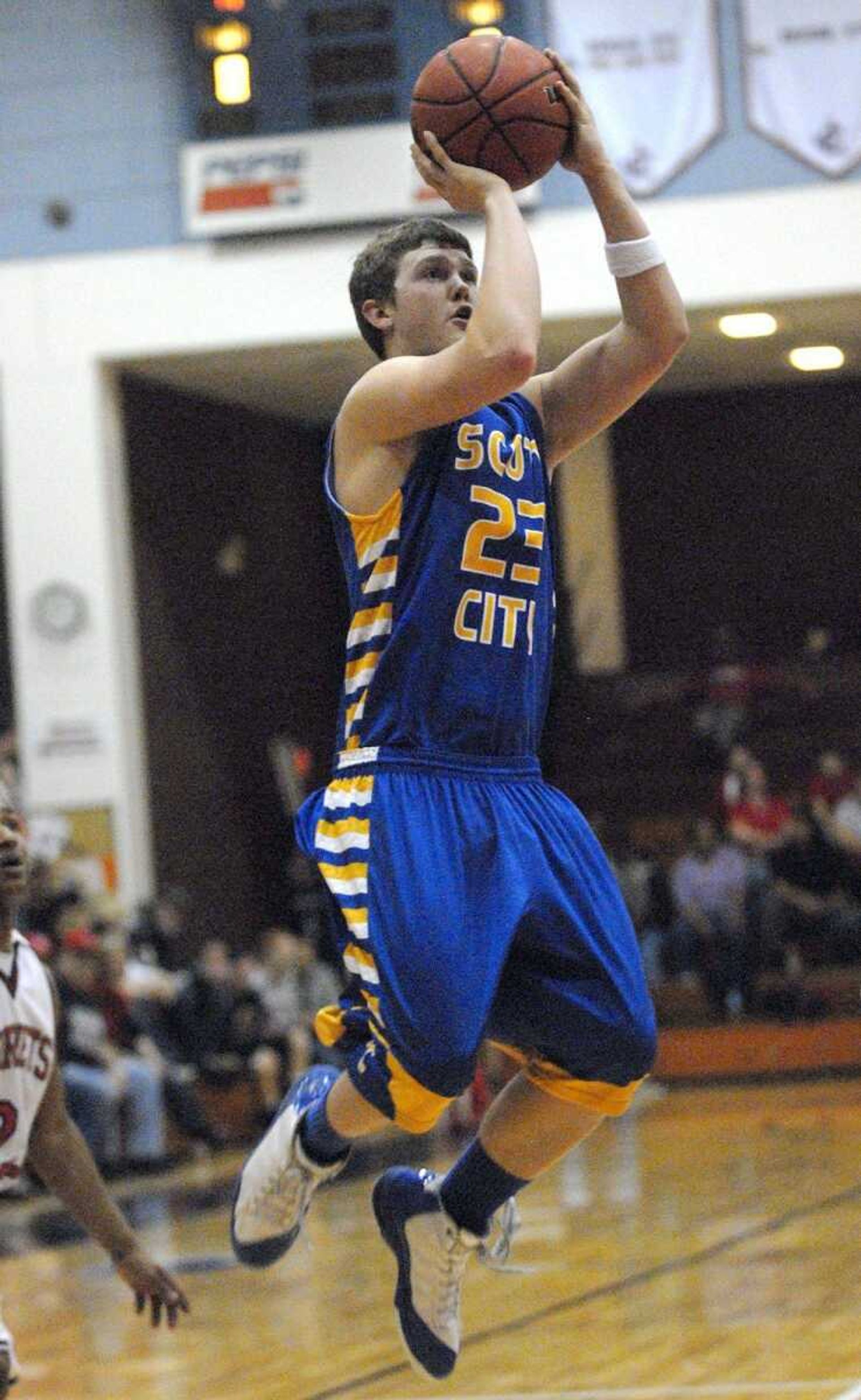 Scott City's Jonathan McFall takes a shot during the fourth quarter Wednesday in Hillsboro, Mo.