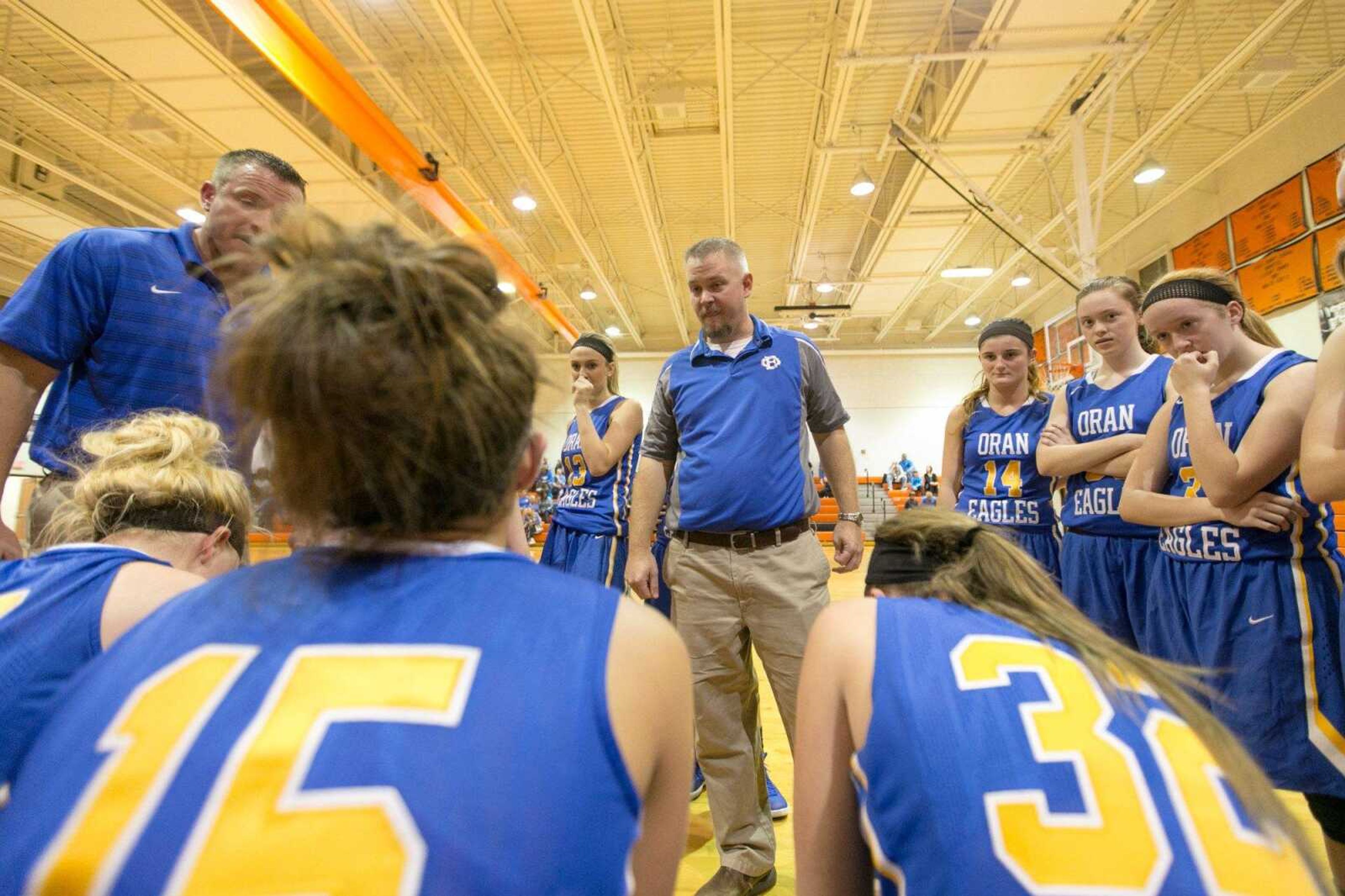 Oran coach Ethan Evans talks with the team between periods against Scott County Central Tuesday, Nov. 24, 2015 at Scott County Central High School. Evans is relying on a pair of freshman to be difference makers this season. (Glenn Landberg)