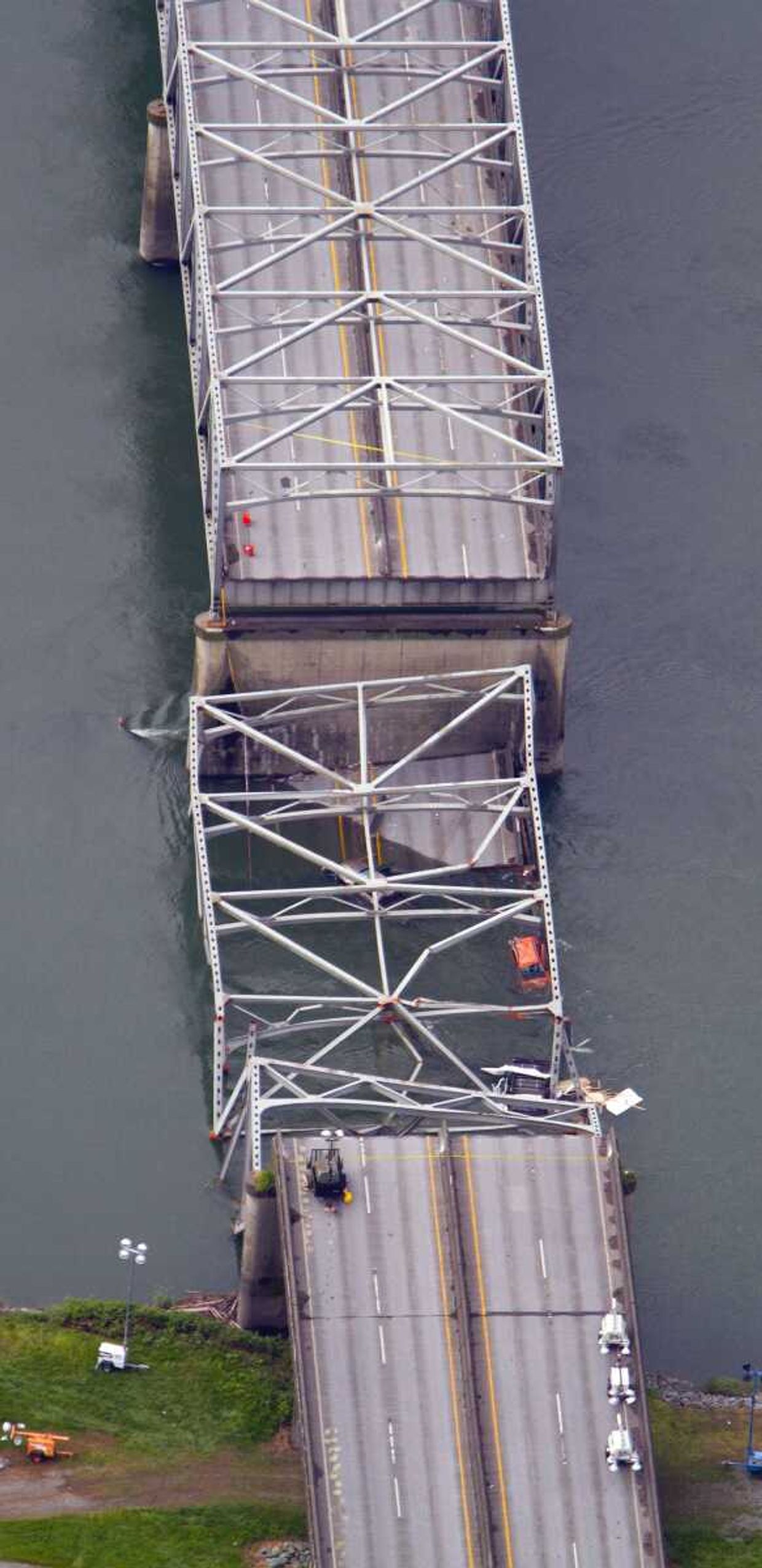 A collapsed section of the Interstate 5 bridge over the Skagit River is seen in an aerial view Friday in Mt. Vernon, Wash. (Mike Siegel ~ Associated Press)