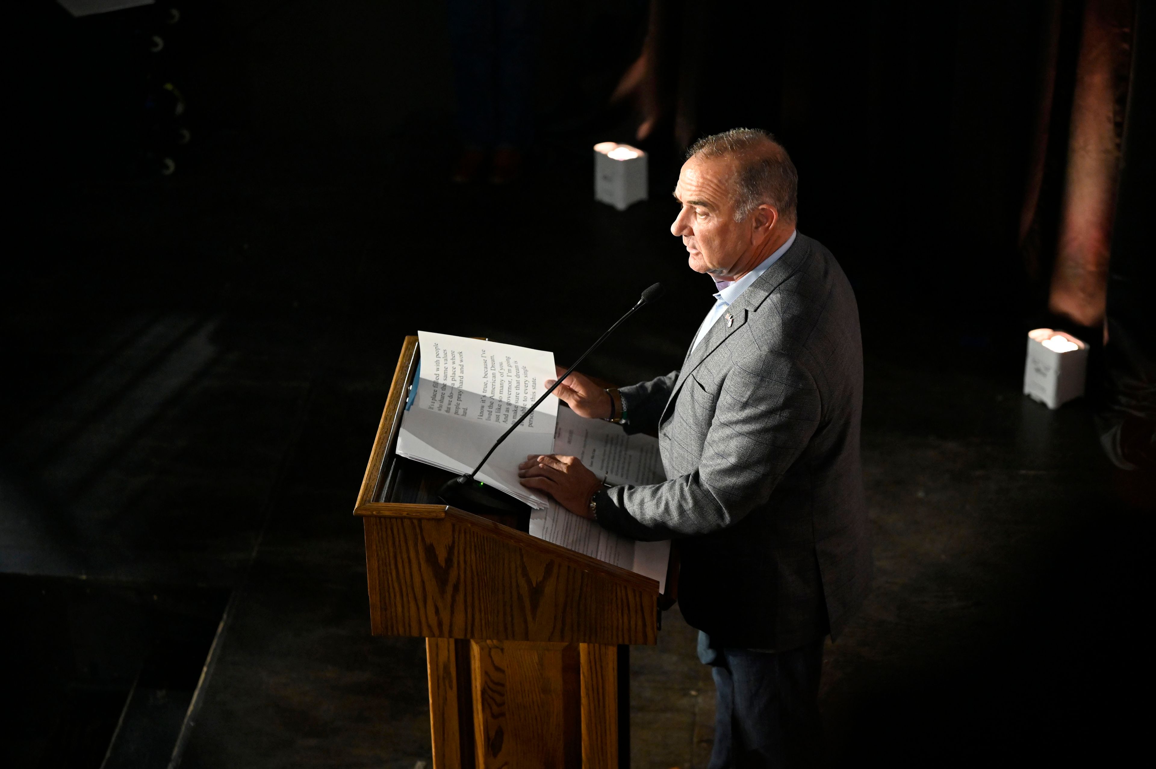 Republican Governor-elect Mike Kehoe gives his acceptance speech on election night Tuesday, Nov. 5, 2024, at the Capital Bluffs Event Center in Jefferson City, Mo. (Bailey Stover/Missourian via AP)