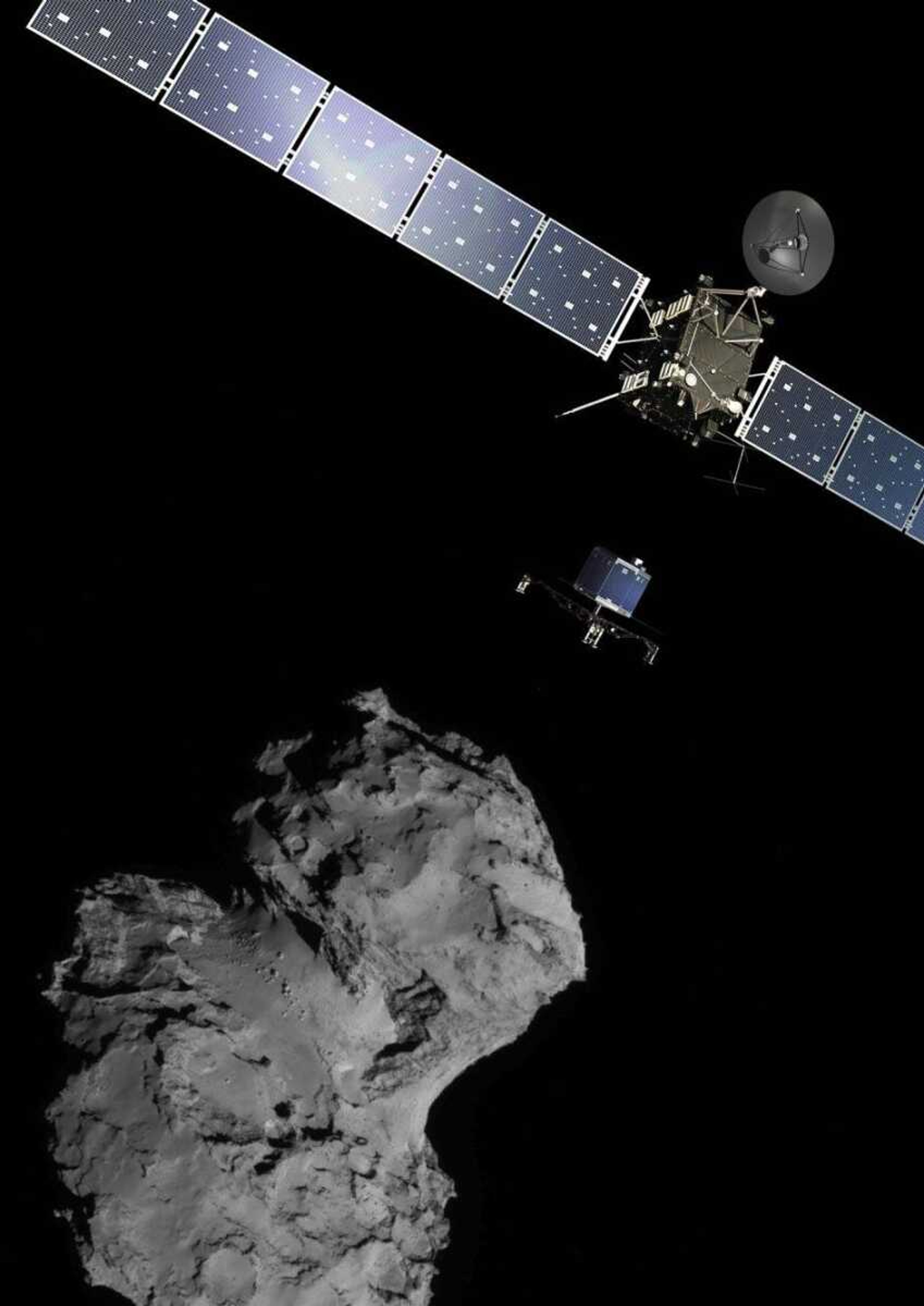 The picture released by the European Space Agency ESA shows the Rosetta mission poster which is a combination of various images to illustrate the deployment of the Philae lander to comet 67P/Churyumov--Gerasimenko. from the Rosetta spacecraft.  The image of the comet was taken with the navigation camera on Rosetta. (AP Photo/ESA)