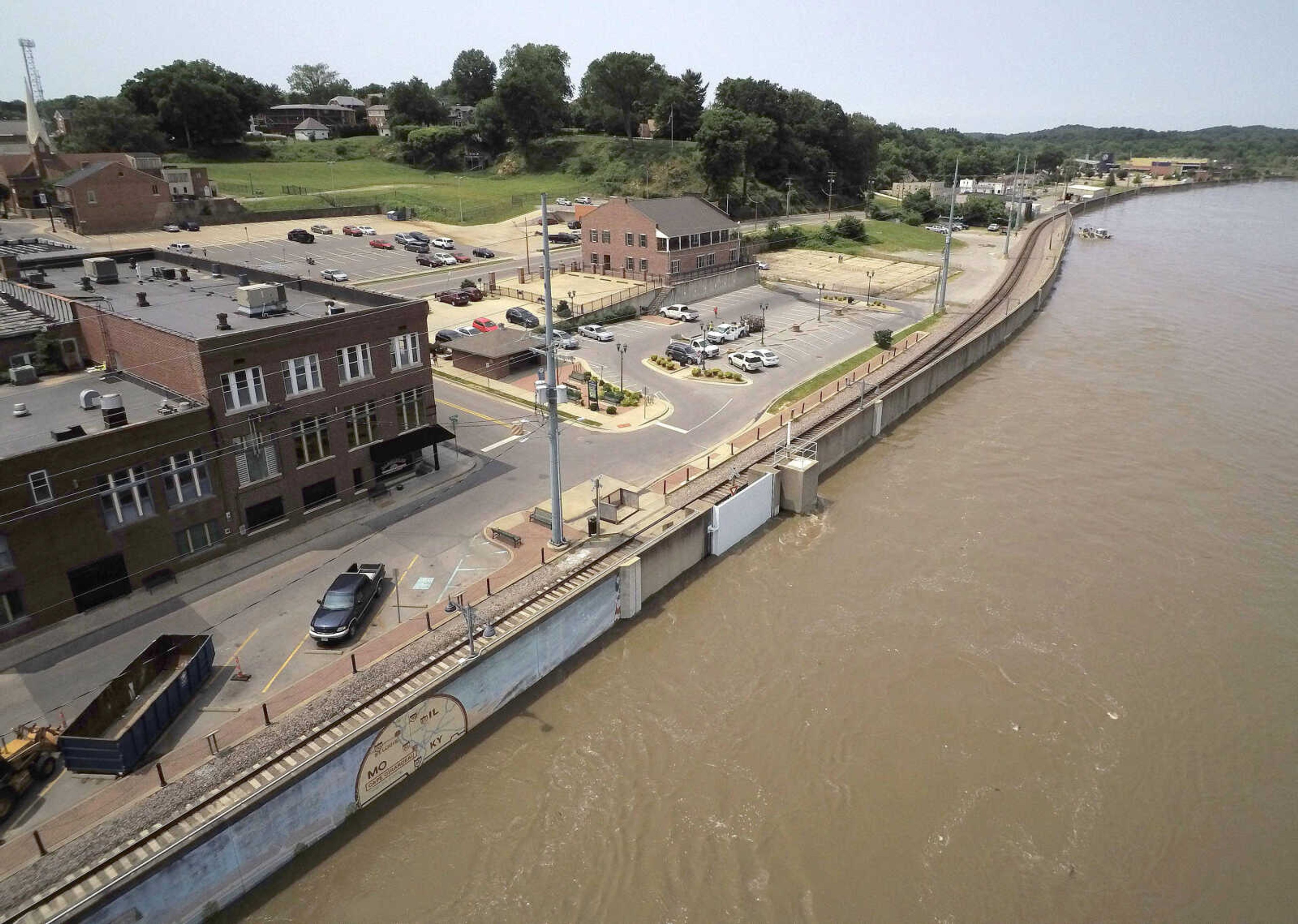 The Mississippi River level of 44.35 feet is seen in this drone view June 3 in downtown Cape Girardeau.