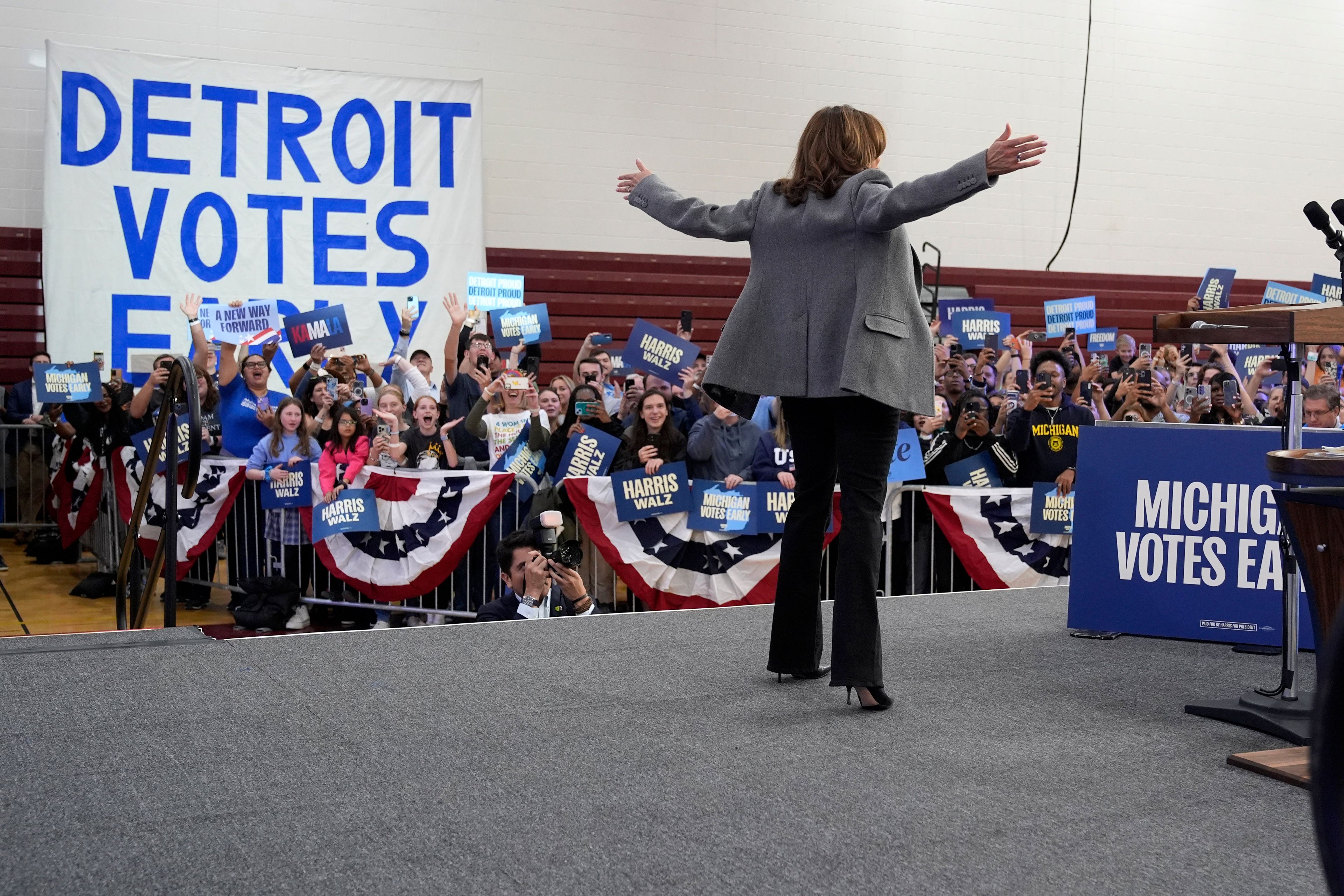 Democratic presidential nominee Vice President Kamala Harris arrives to speak during a campaign event at Western International High School in Detroit, Saturday, Oct. 19, 2024. (AP Photo/Jacquelyn Martin)