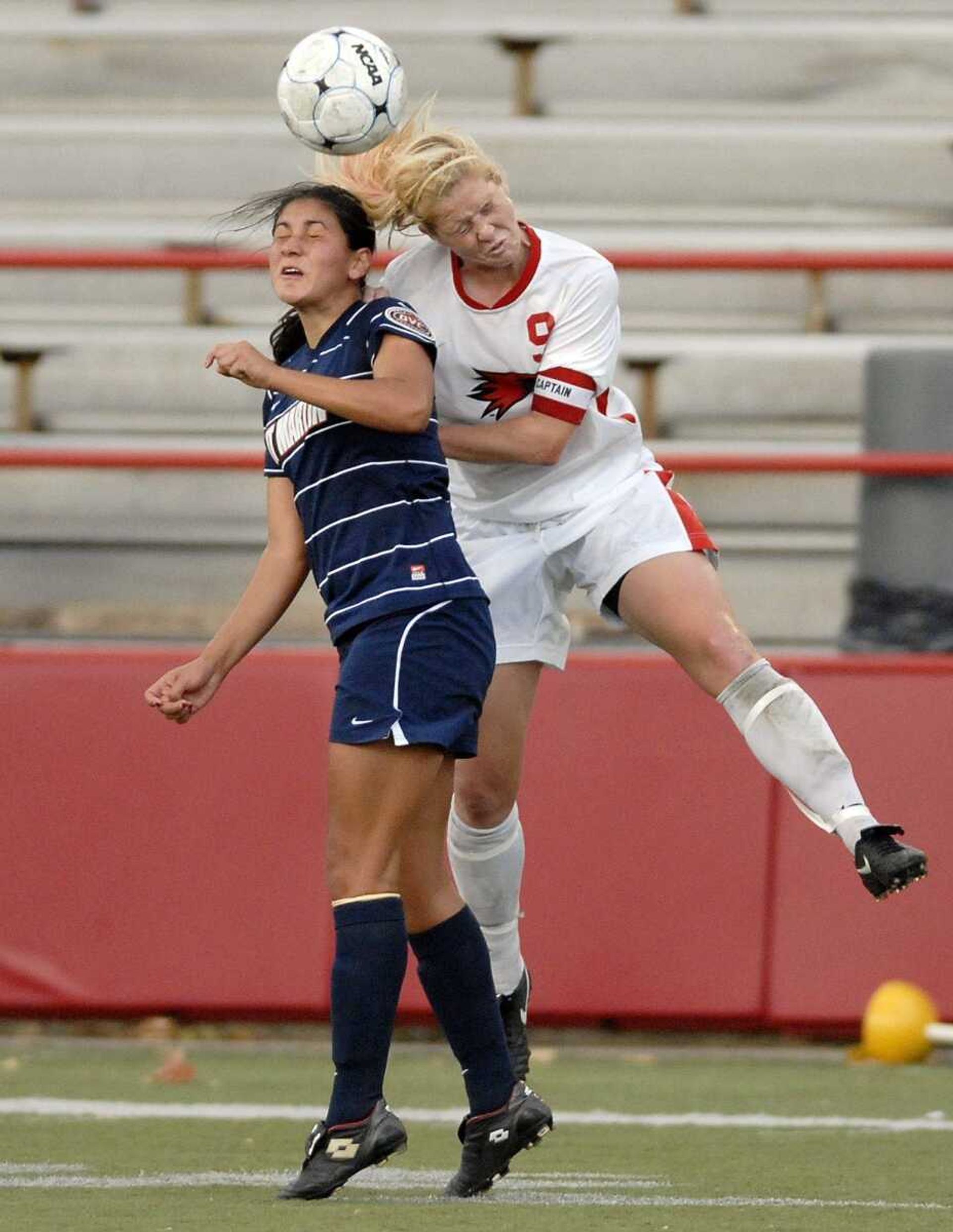 Southeast Missouri State's Shona Goodwin, right, and Tennessee-Martin's Rosaelia Loza compete for the ball Sunday at Houck Stadium.