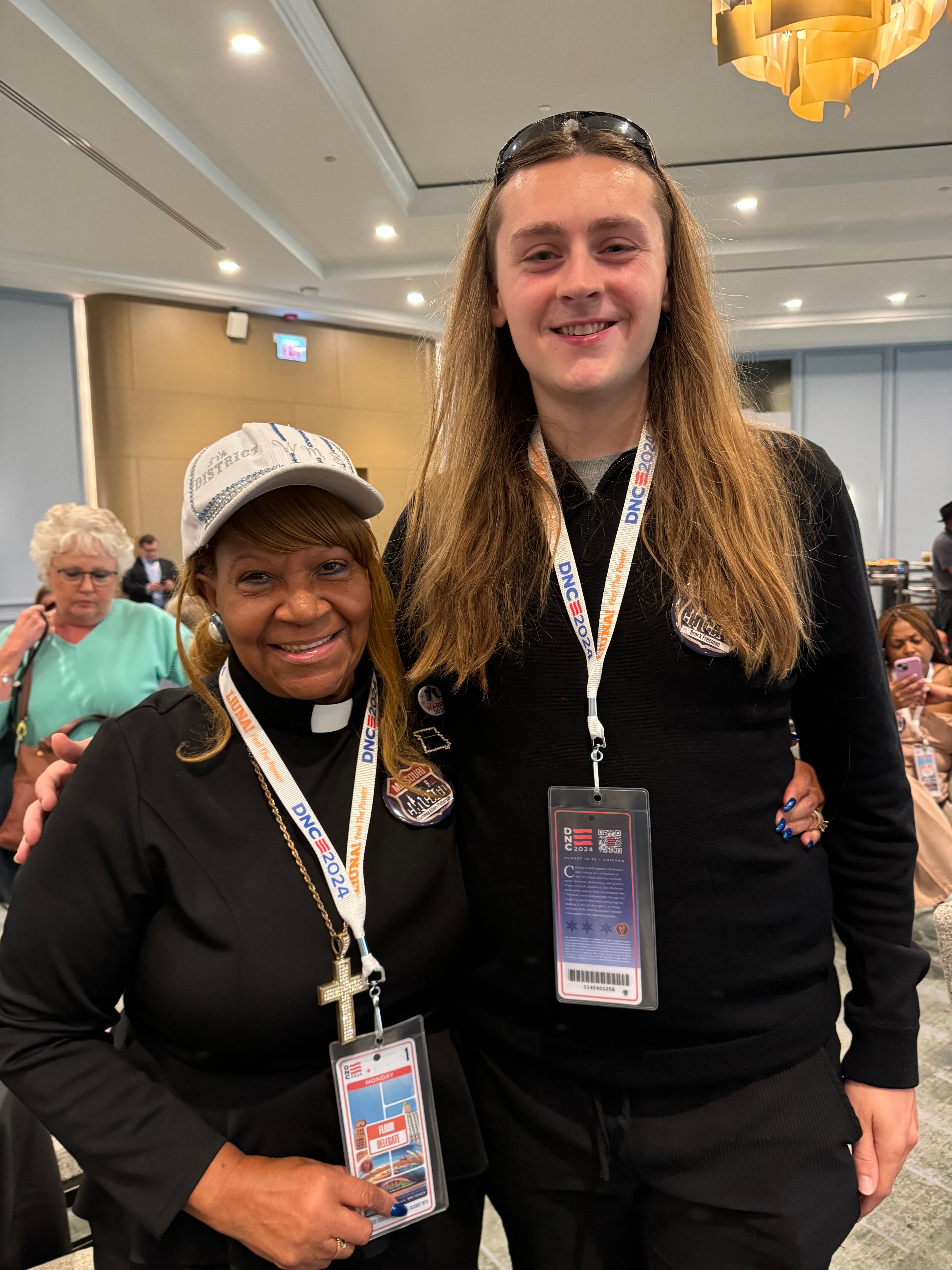 The Rev. Geneva Allen-Patterson, left, and Brock Freeman at the Democratic National Convention in Chicago. 