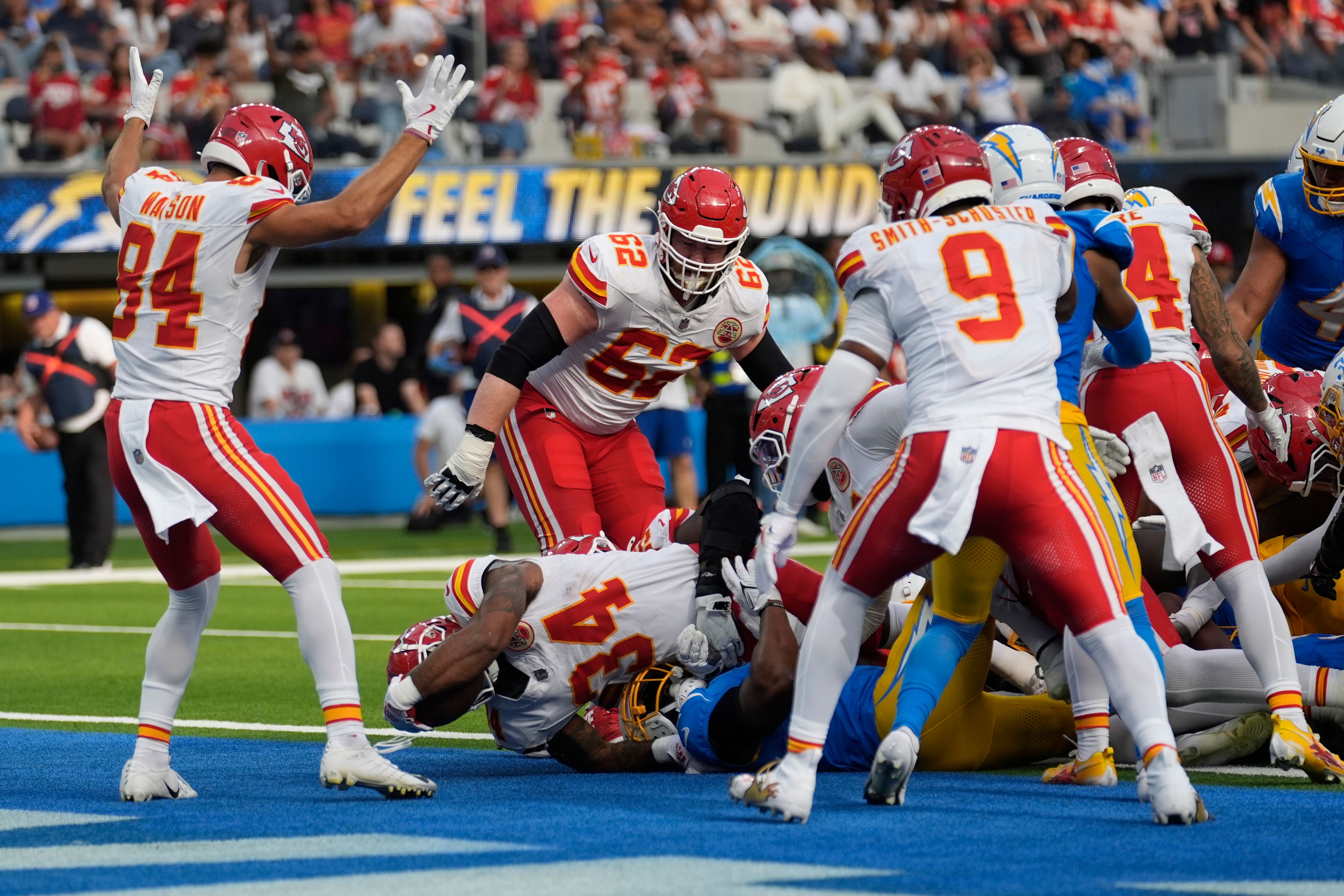 Kansas City Chiefs running back Samaje Perine (34) scores on a 2-yard run during the second half of an NFL football game against the Los Angeles Chargers Sunday, Sept. 29, 2024, in Inglewood, Calif. (AP Photo/Marcio Jose Sanchez)