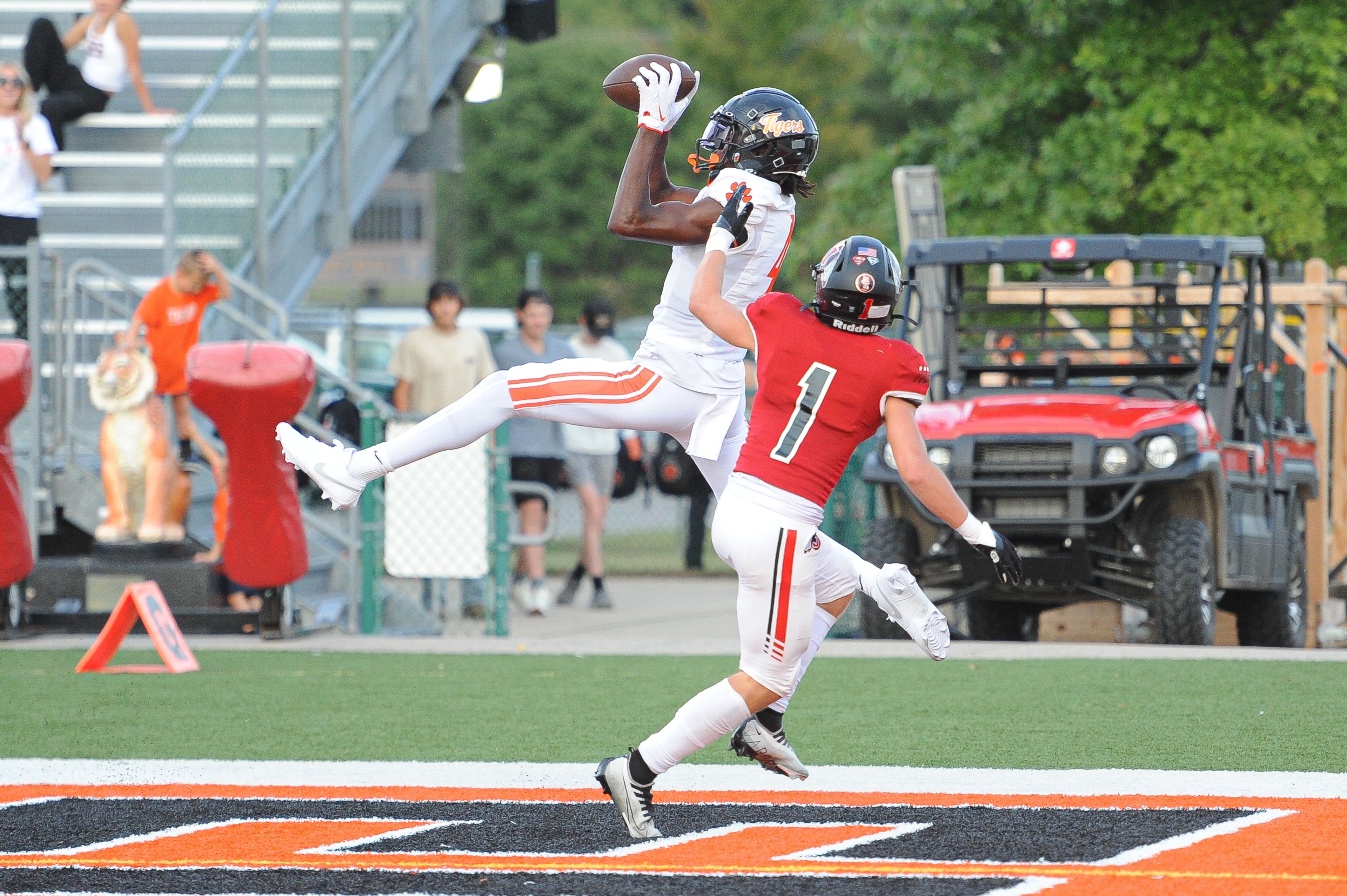 Jackson's Blayne Reagan draws an offensive pass interference call during a Saturday, September 14, 2024 game between the Edwardsville Tigers and the Jackson Indians at Edwardsville High School in Edwardsville, Ill. Edwardsville defeated Jackson, 41-7.