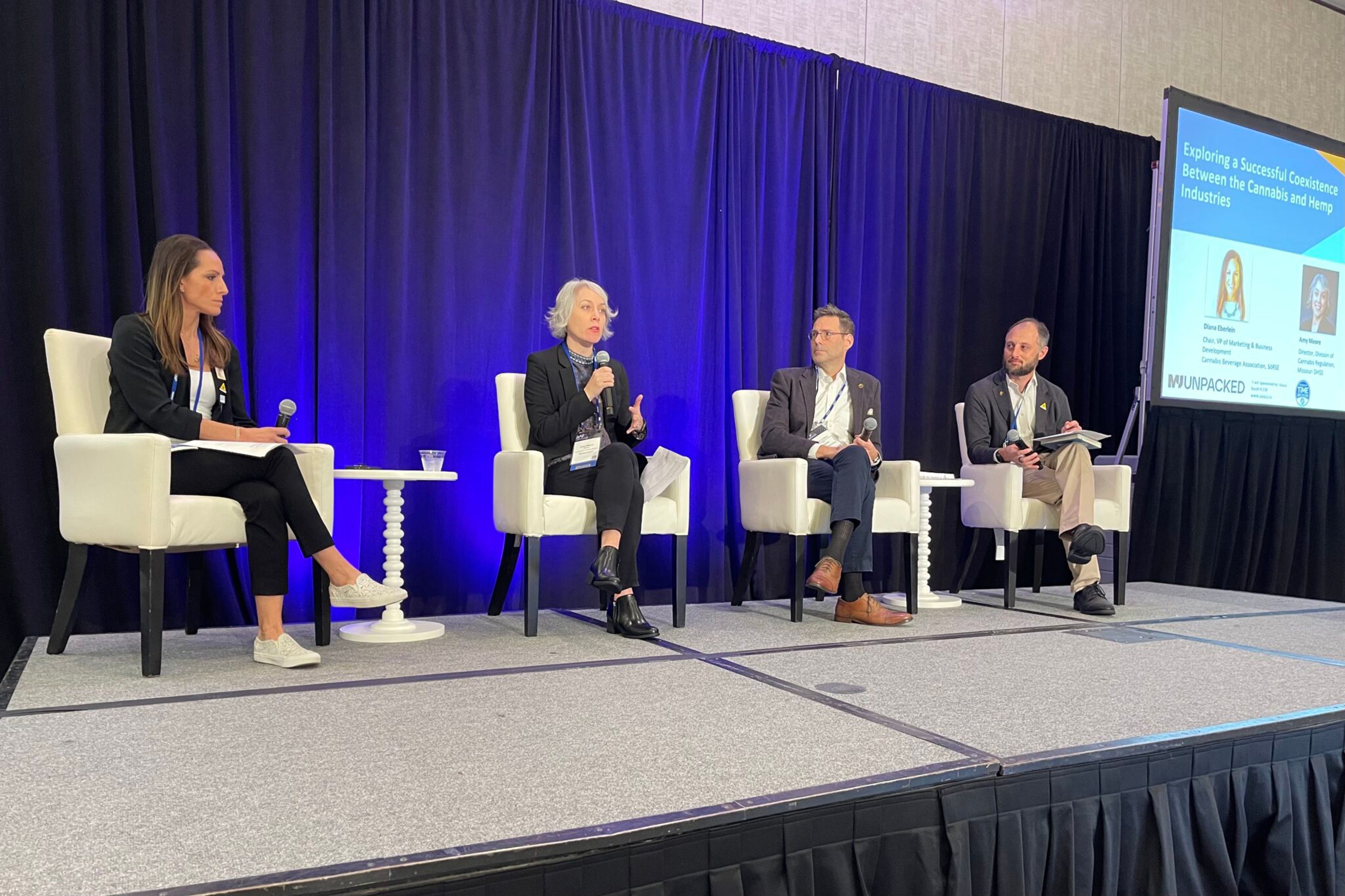 Amy Moore, director of the Missouri Division of Cannabis Regulation, left, speaks about intoxicating hemp products during a panel discussions at the MJ Unpacked Conference on Nov. 5 in St. Louis.