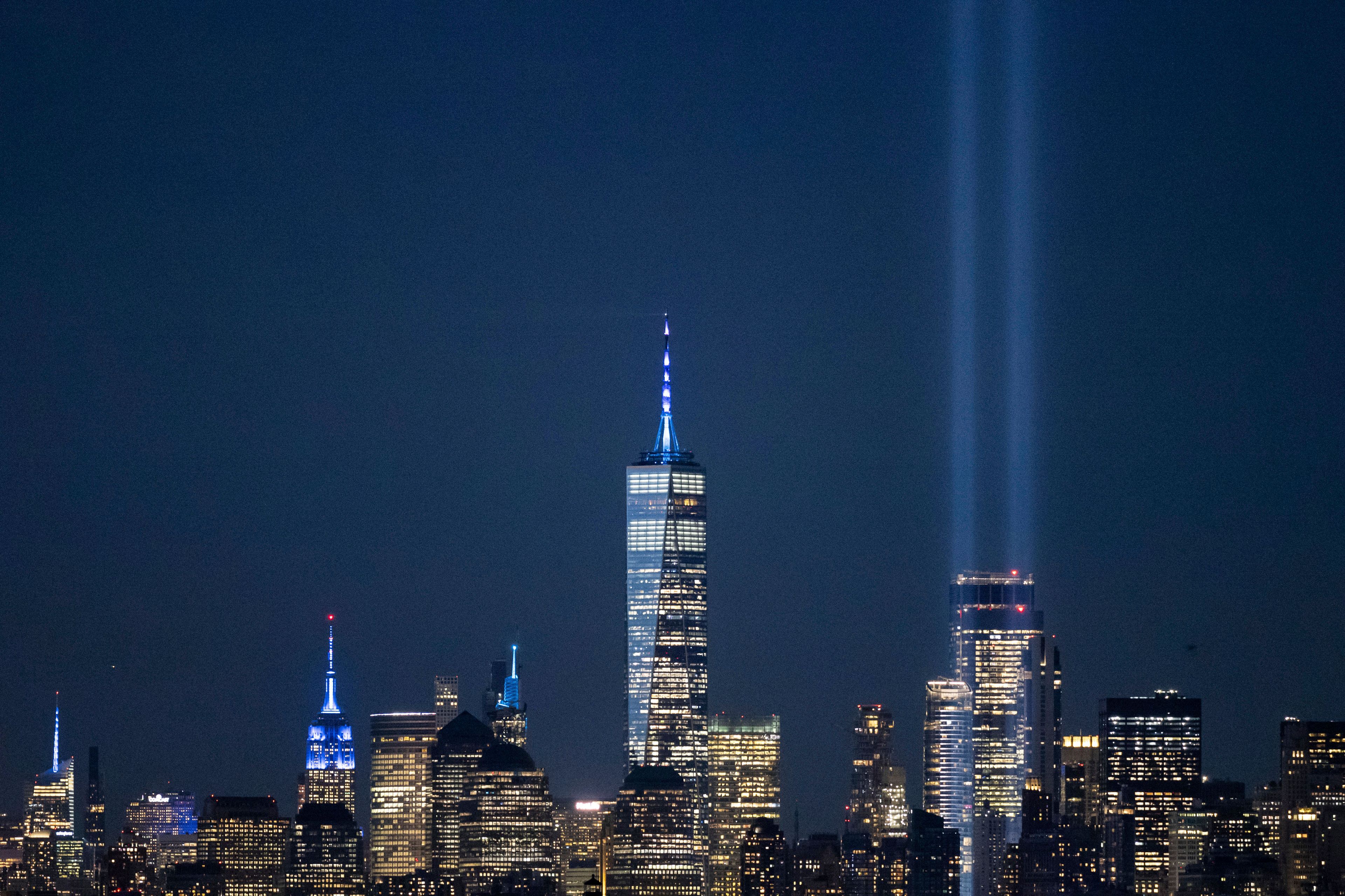 The Tribute in Light is seen in the sky in New York's Lower Manhattan on the 23rd anniversary of the Sept. 11, 2001, attacks, Wednesday, Sept. 11, 2024, in New York. (AP Photo/Yuki Iwamura)