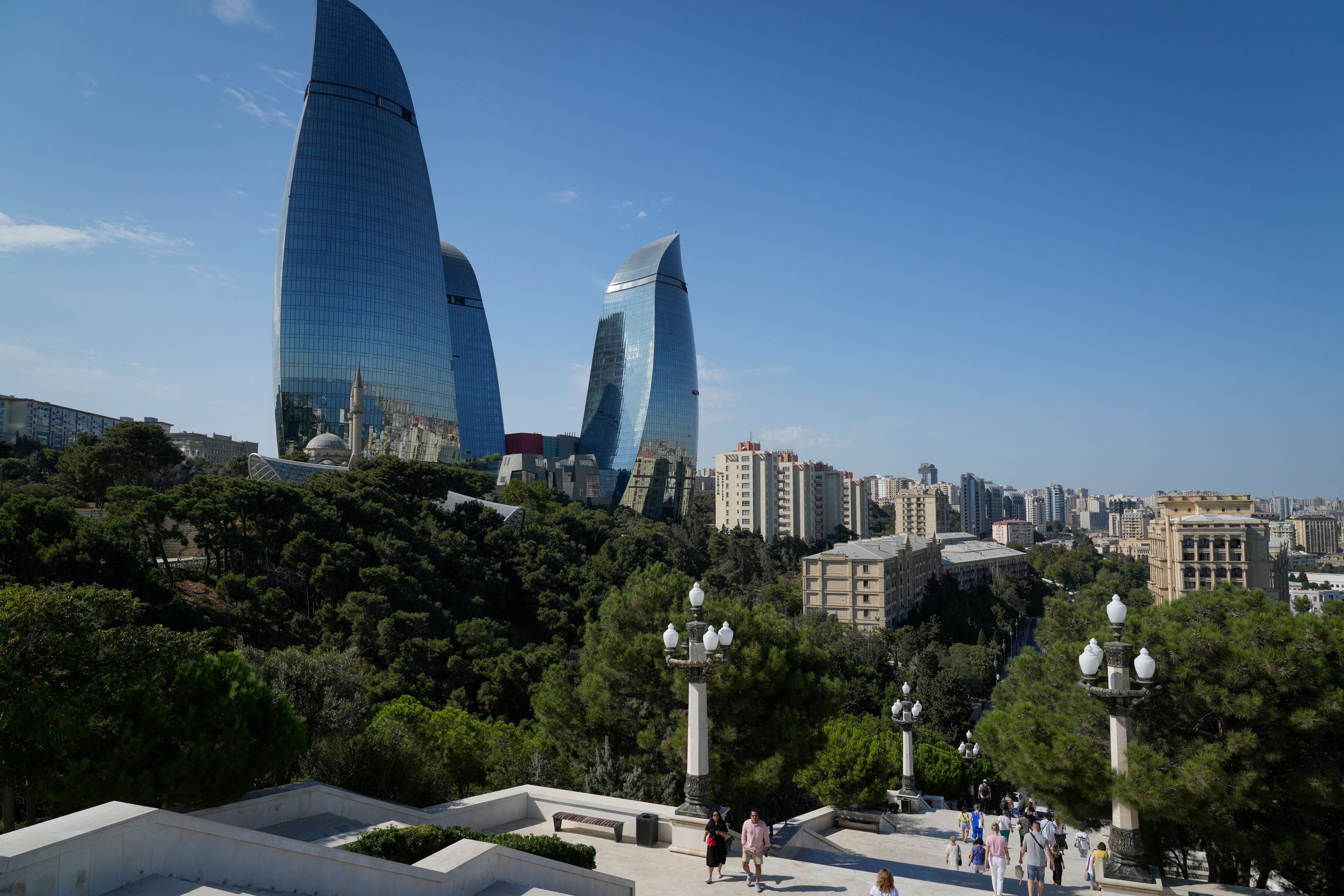 The Flame Towers skyscraper stands in Baku, Azerbaijan, Monday, Sept. 16, 2024. (AP Photo/Sergei Grits)