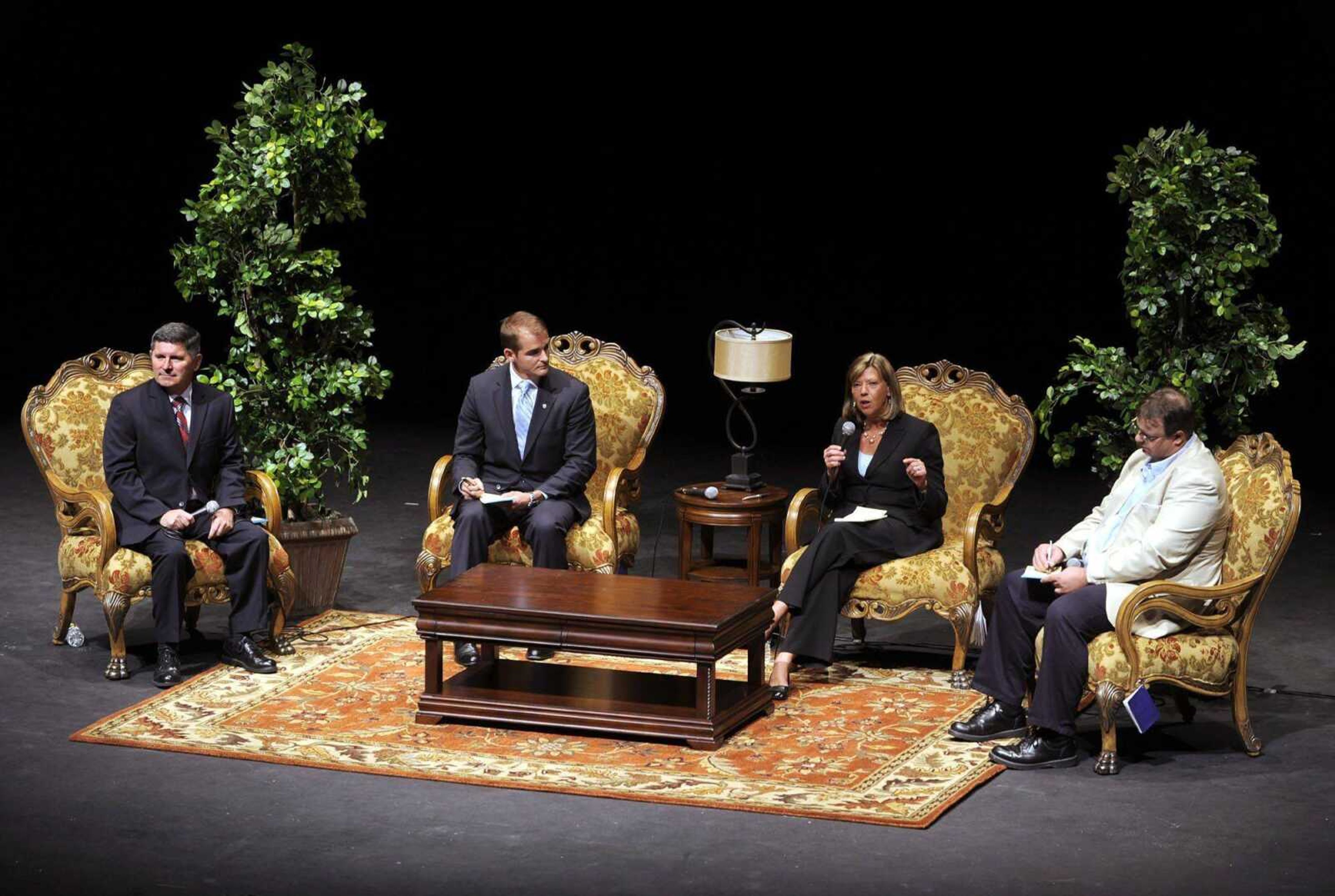 Missouri 8th District candidates, from left, Larry Bill, Tommy Sowers, U.S. Rep. Jo Ann Emerson and Rick Vandeven participate in the second of four debates Wednesday, Oct. 13, 2010 at Three Rivers Community College in Poplar Bluff, Mo. (Fred Lynch)