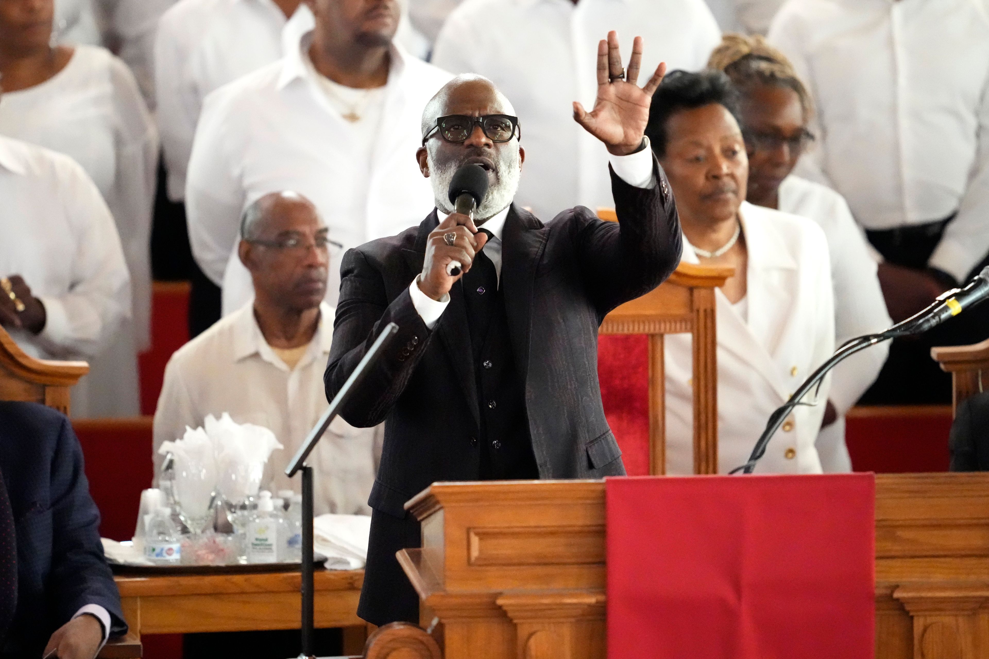 BeBe Winans speaks during a ceremony celebrating the life of Cissy Houston on Thursday, Oct. 17, 2024, at the New Hope Baptist Church in Newark, N.J. (Photo by Charles Sykes/Invision/AP)