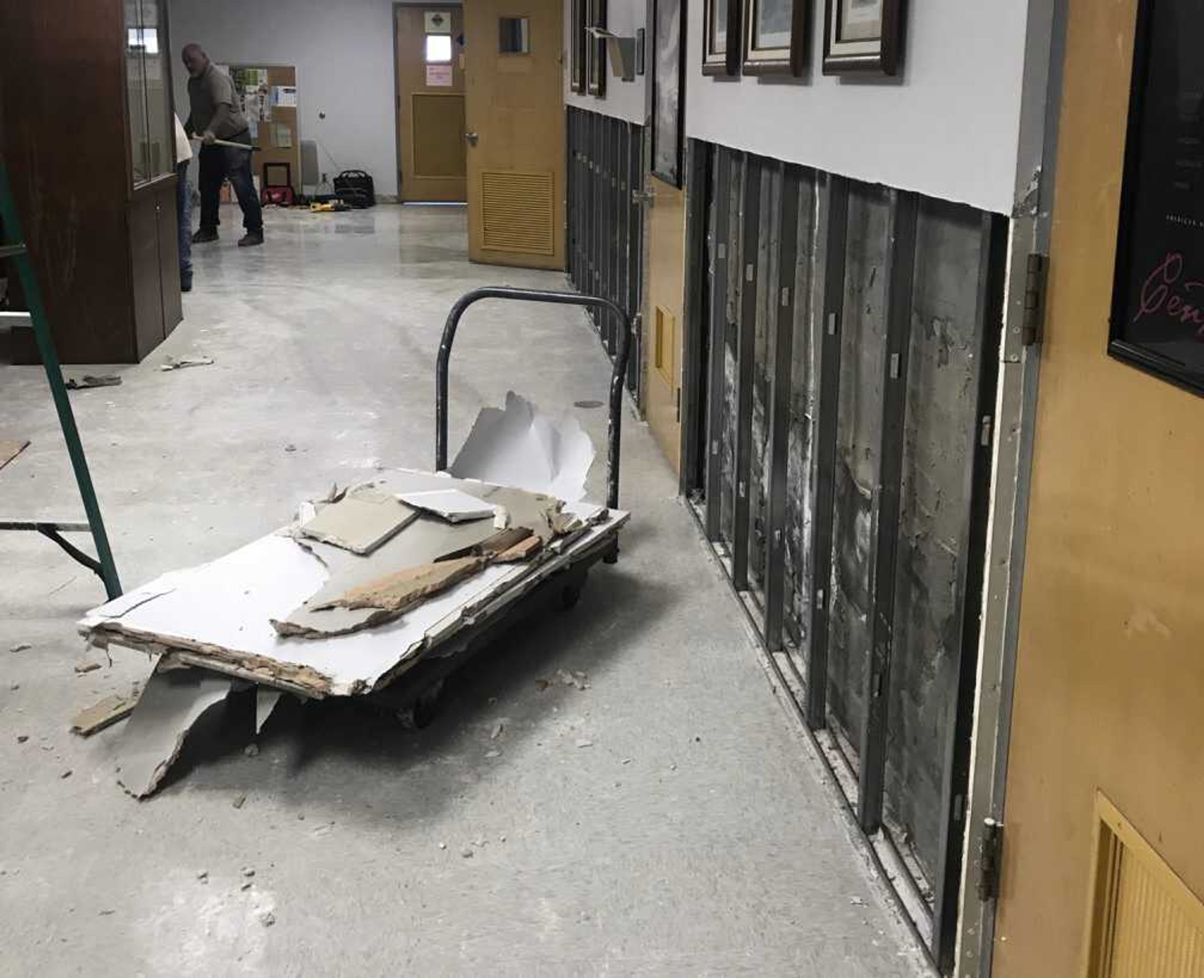 Drywall was removed because of water damage along a hallway on the first floor of the Art Building at Southeast Missouri State University.