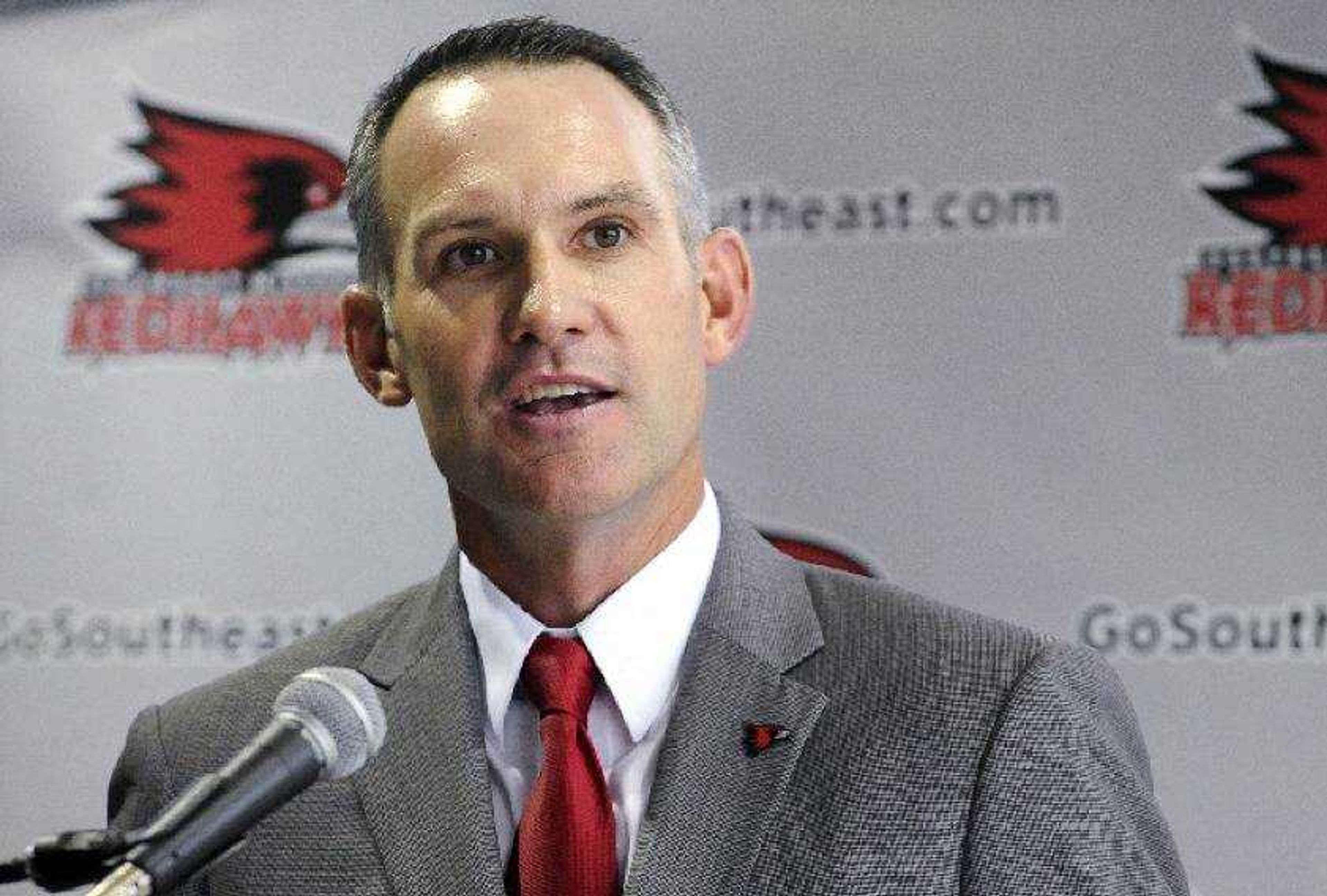 Andy Sawyers speaks during a press conference after being introduced as Southeast Missouri State University's new head baseball coach on Monday morning, Aug. 1, 2016, at the Show Me Center in Cape Girardeau.
