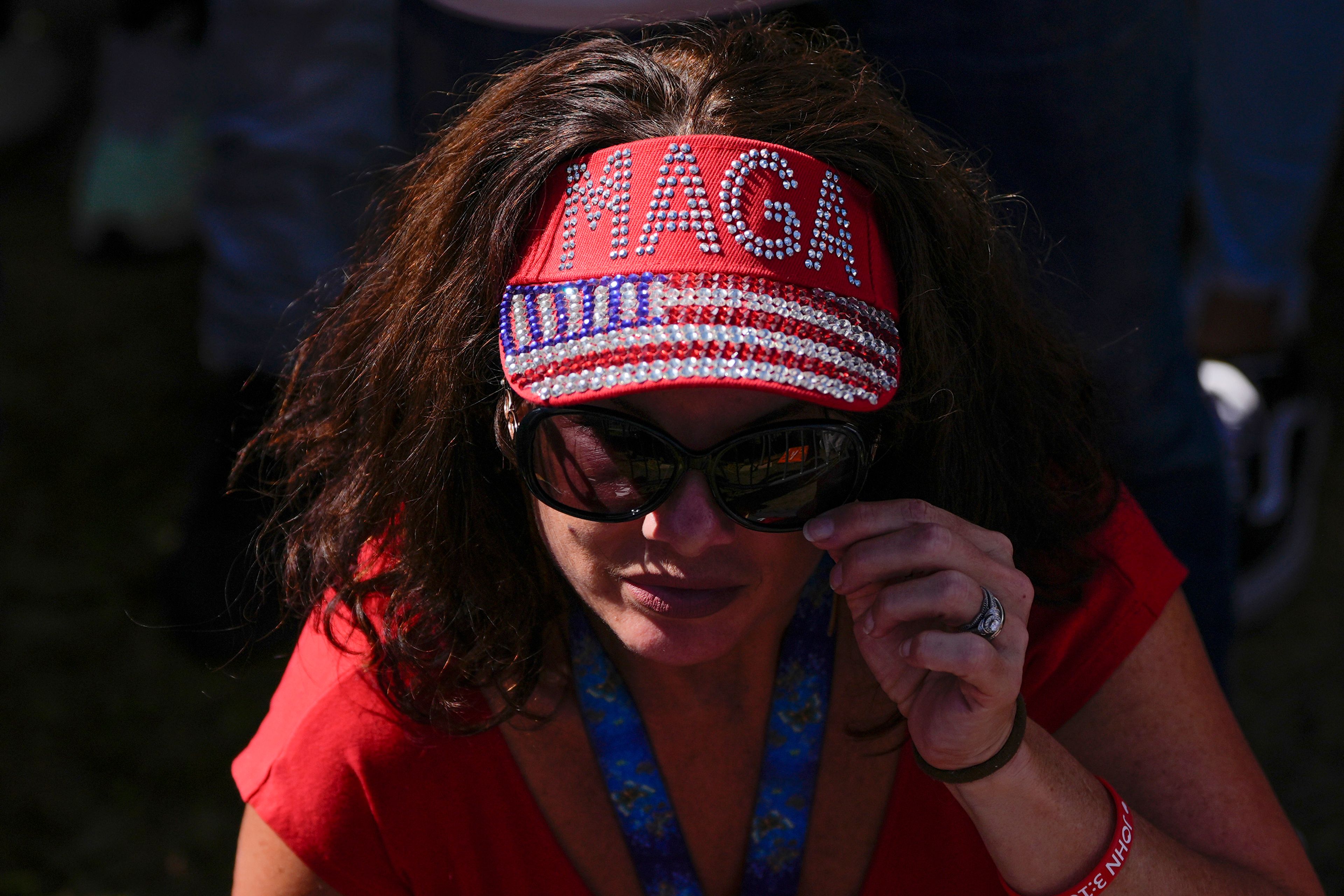 A supporter arrives before Republican presidential nominee former President Donald Trump speaks at a campaign rally at the Butler Farm Show, Saturday, Oct. 5, 2024, in Butler, Pa. (AP Photo/Julia Demaree Nikhinson)