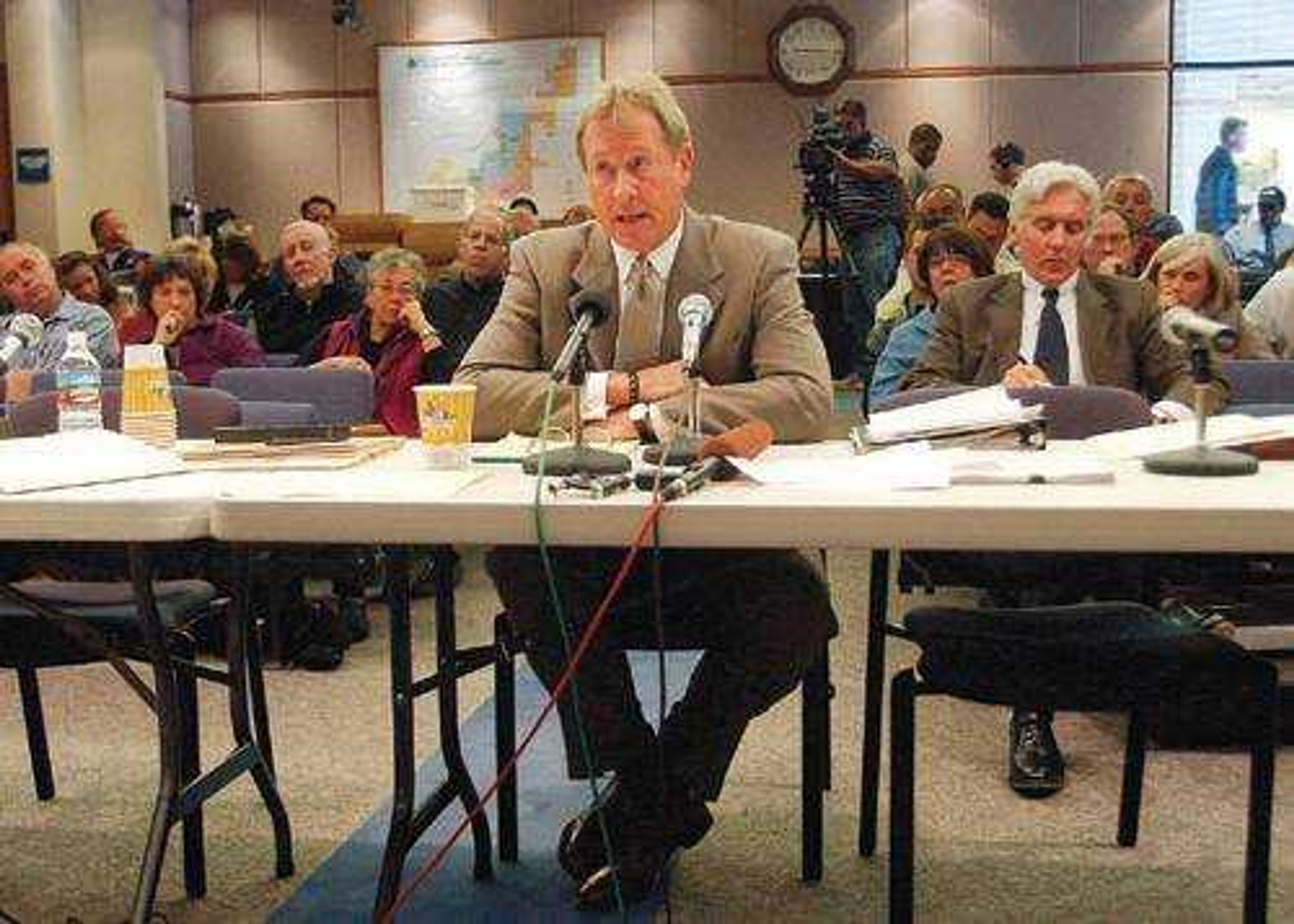 Suspended Colorado head football coach Gary Barnett testified before an investigative panel Tuesday in Broomfield, Colo. (Associated Press/ED ANDRIESKI)