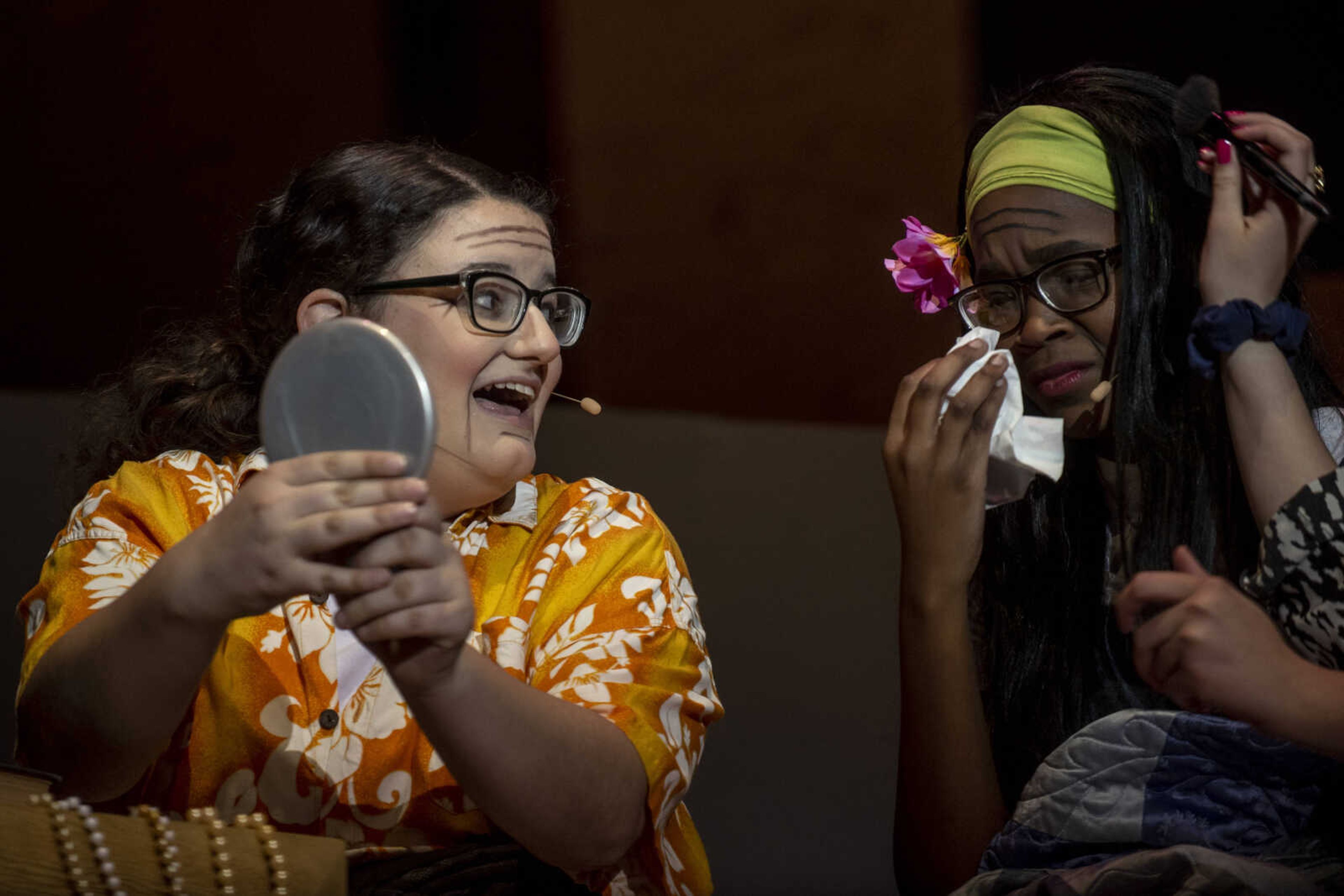 Grace Goeckeler and Peighton Robinson perform the musical number "Chiquitita" as their respective roles of Rosie Mulligan and Donna Sheridan during the media night of Cape Central High School's spring musical production of "Mamma Mia!" Wednesday, April 10, 2019, in Cape Girardeau.