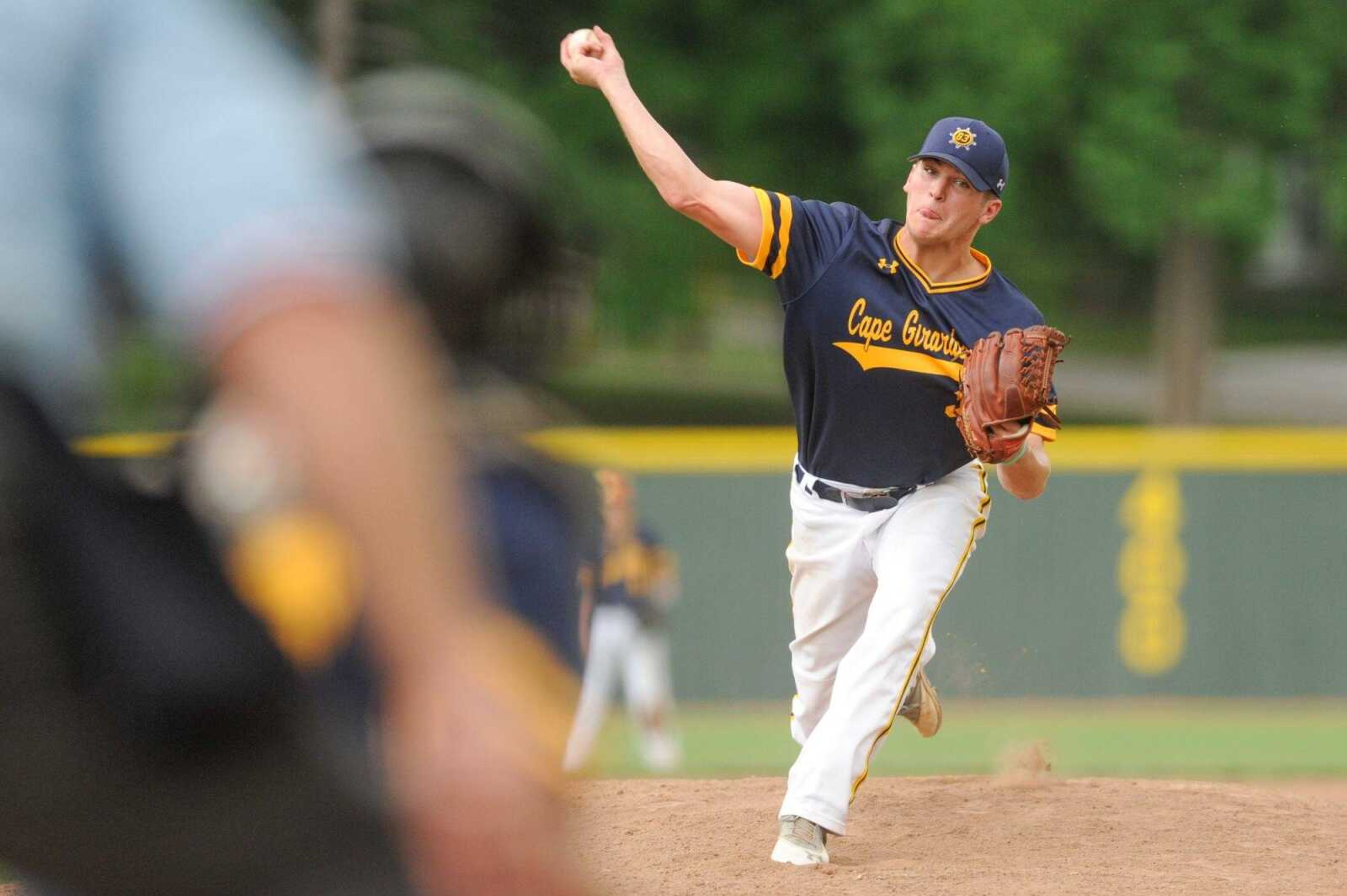 Cape Ford and Sons Post 63 Senior Legion's Chase Hagerty pitches to a Sikeston Post 114 Senior Legion batter in the second inning Wednesday at Capaha Field. (Glenn Landberg)