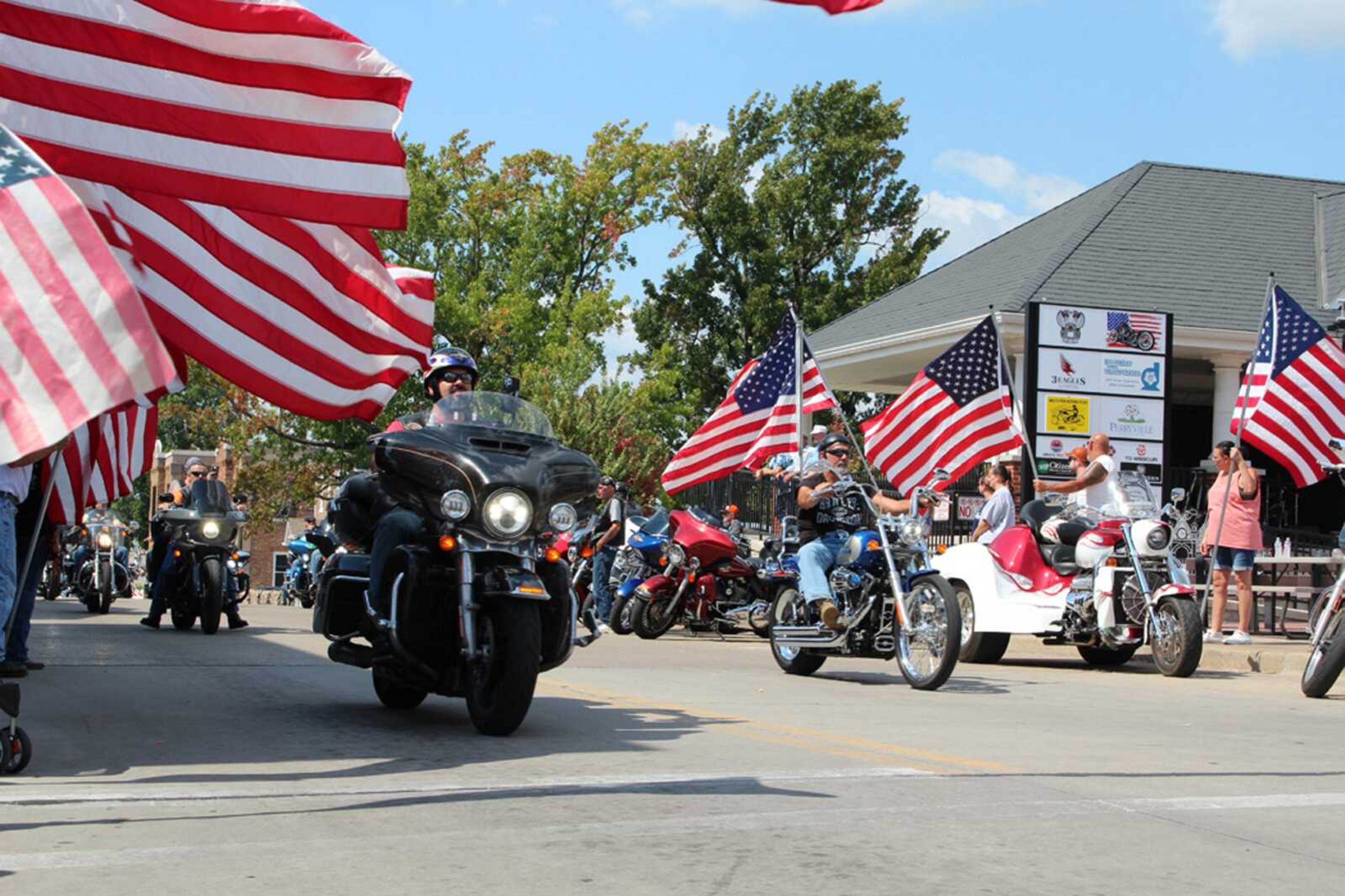 Riders roll through Perryville, Missouri, during the 2022 Missouri Vietnam Wall Run.