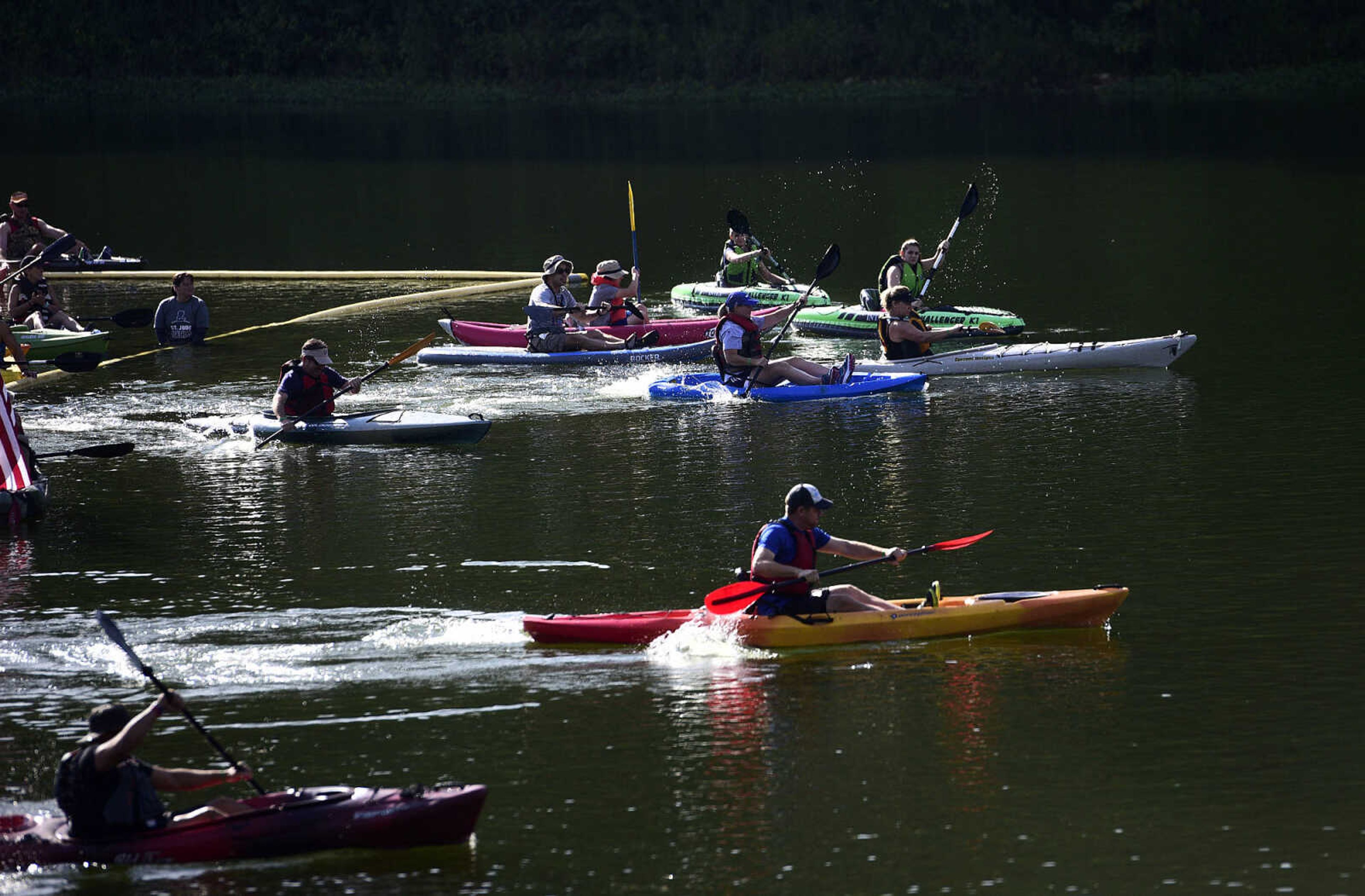 People kayak on Lake Boutin during the first ever St. Jude Heroes Yak 'n Run on Saturday, Aug. 26, 2017, at Trail of Tears State Park. All proceeds from the event support St. Jude Children's Research Hospital