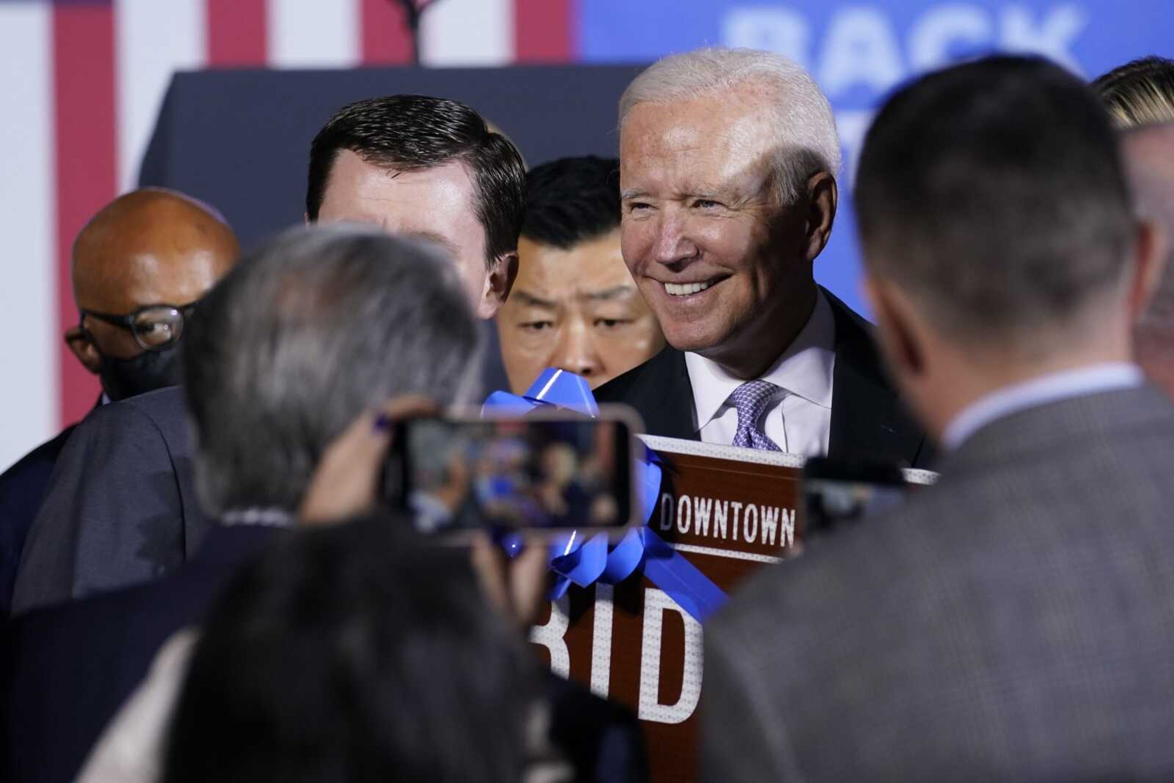 President Joe Biden greets people after speaking about his infrastructure plan and his domestic agenda during a visit to the Electric City Trolley Museum on Wednesday in Scranton, Pennsylvania.