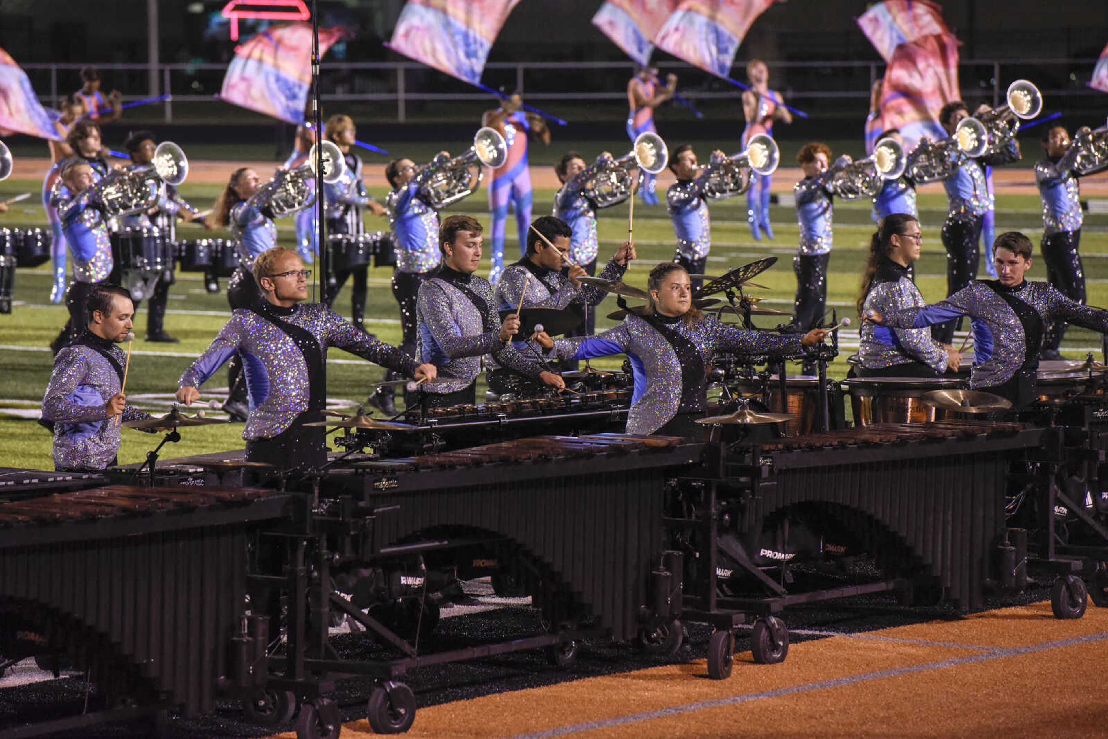 Blue Knights from Denver, Colorado perform during the Drum Corps International program "Drums Along the Mississippi" at the Cape Central High School field Tuesday Aug. 10, 2021.