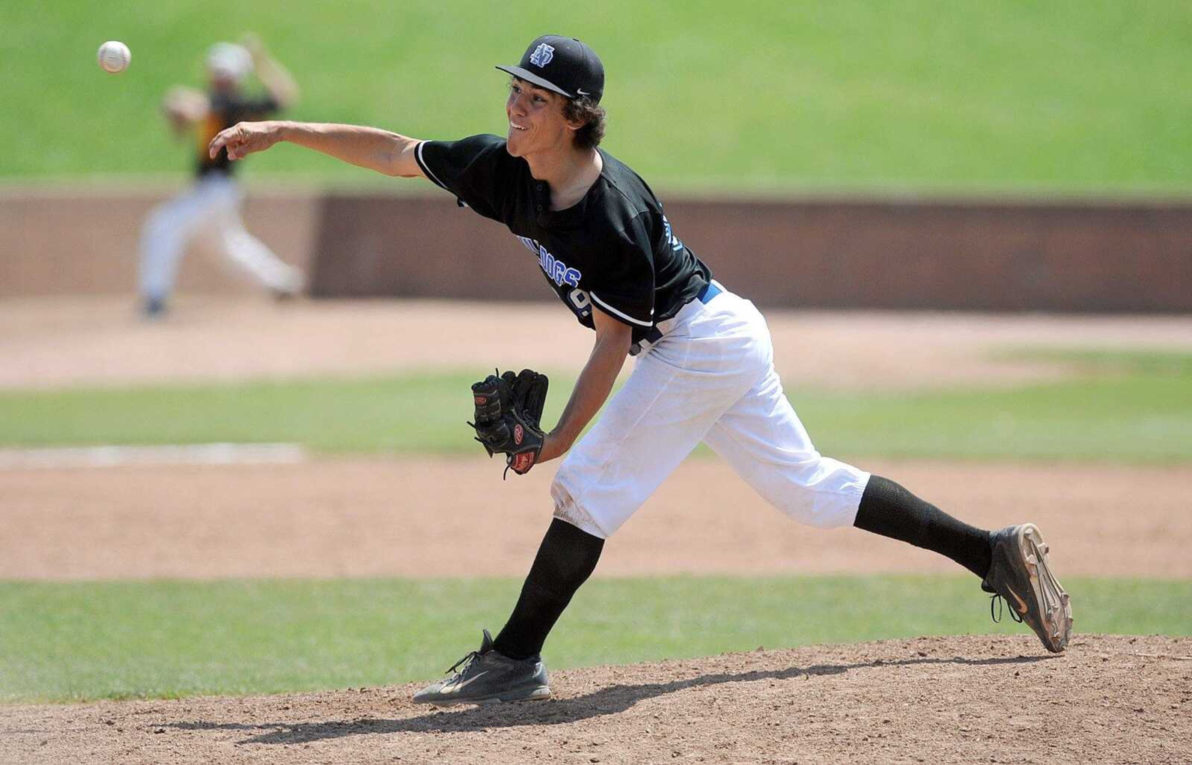 Notre Dame pitcher Adam Pope delivers to a Sullivan batter in the third inning of the Class 4 championship game, Saturday, June 6, 2015, in O Fallon, Missouri. Notre Dame won 17-0 in five innings. (Laura Simon)