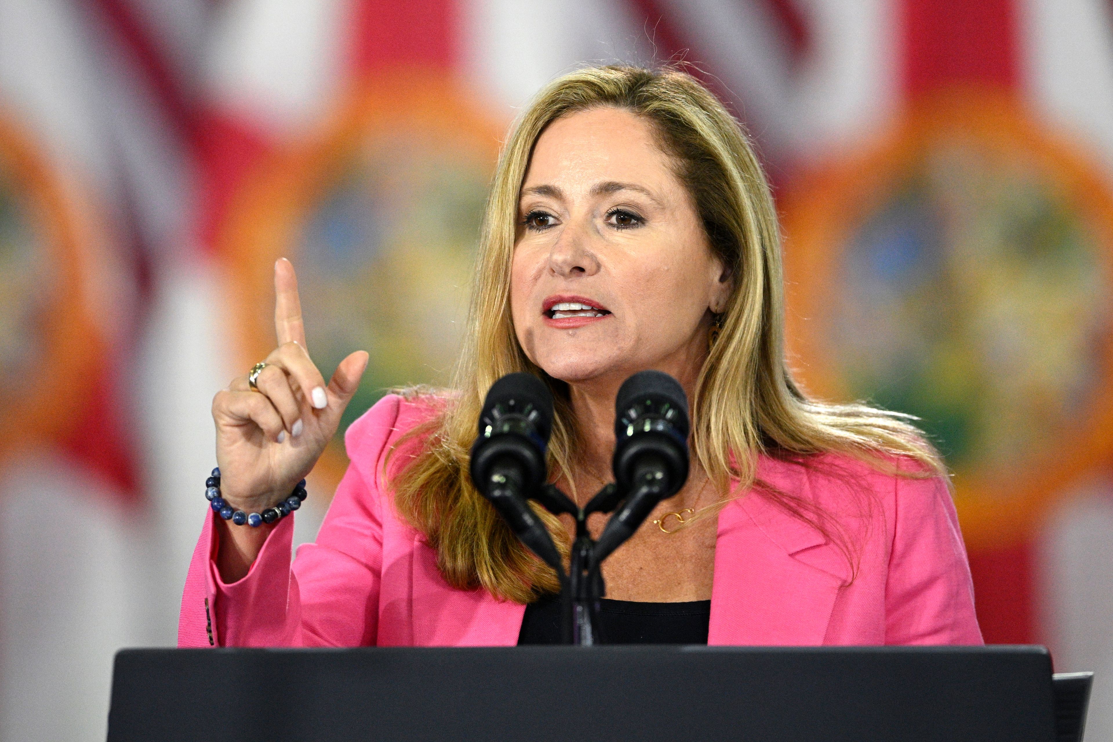 FILE - Former Rep. Debbie Mucarsel-Powell, a Democratic candidate for the U.S. Senate, addresses the crowd before an appearance by President Joe Biden during his reproductive freedom campaign event at Hillsborough Community College, April 23, 2024, in Tampa, Fla. (AP Photo/Phelan M. Ebenhack, File)