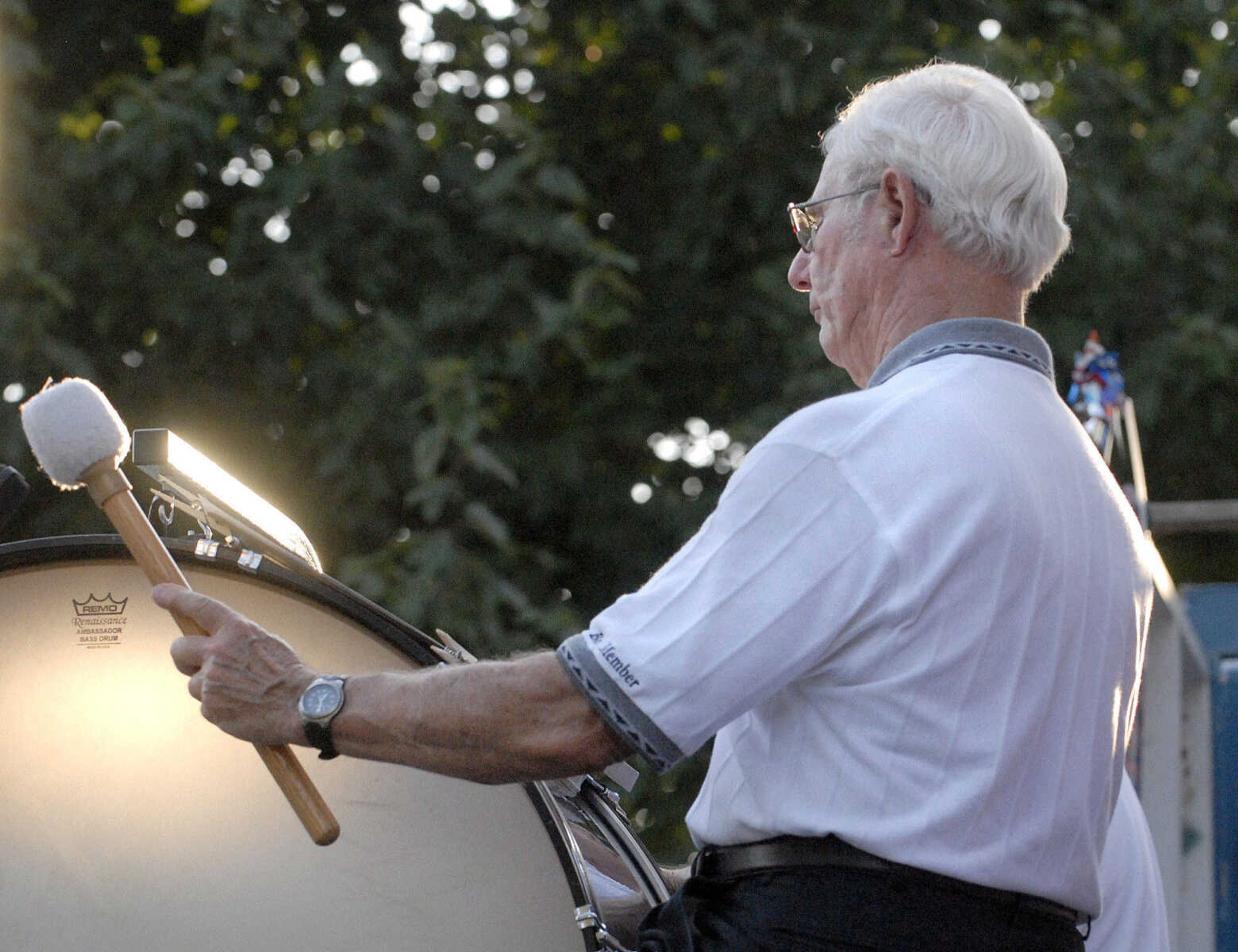 LAURA SIMON ~ lsimon@semissourian.com
David Thompson plays the bass drum with the Jackson municipal Band Tuesday, July 26, 2011 during the 103rd annual Jackson Homecomers celebration.