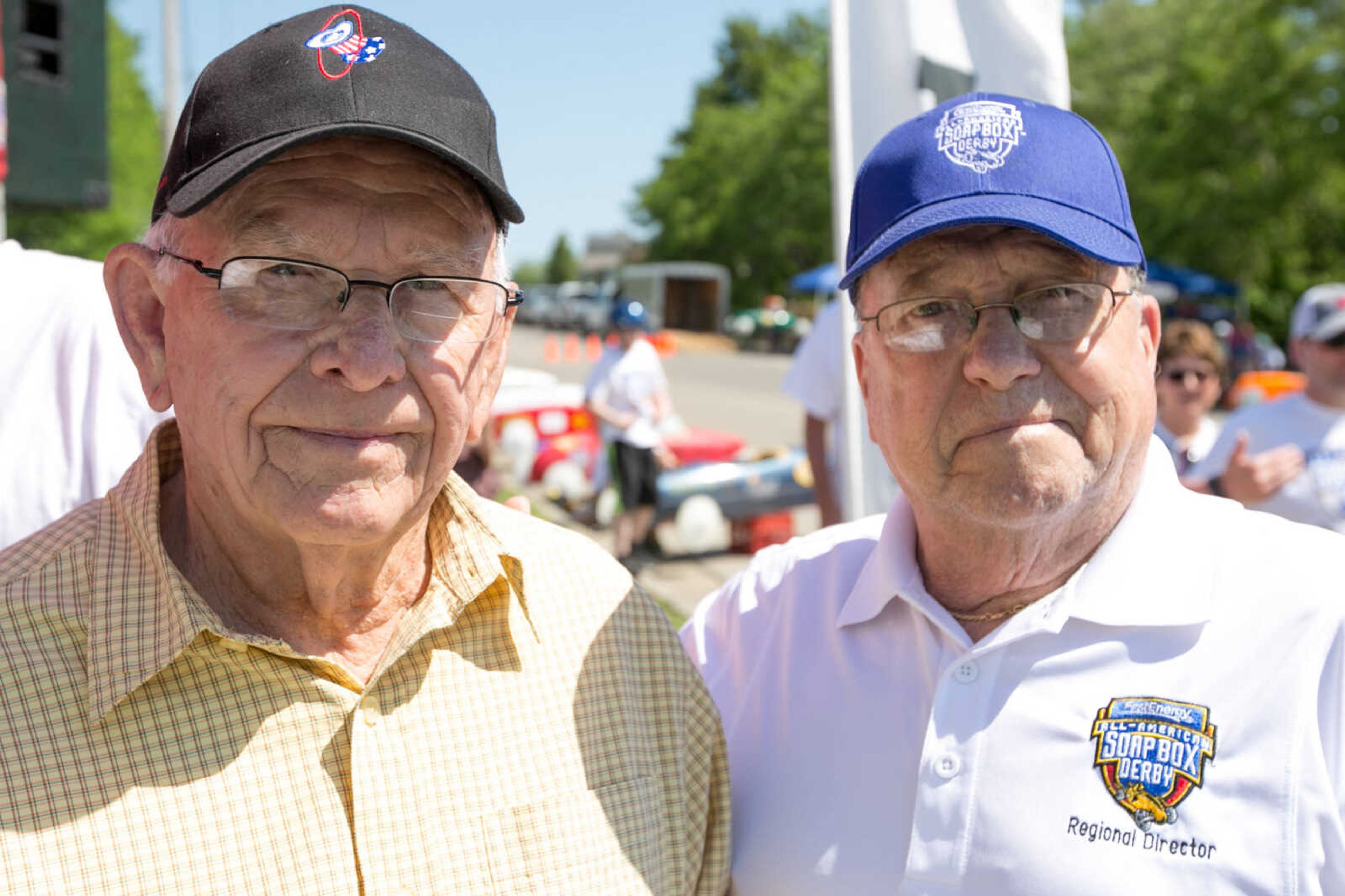 GLENN LANDBERG ~ glandberg@semissourian.com

Don Gibson, left, and Charlie Dayton pose for a photo during the Cape Girardeau Rotary Club's Soap Box Derby Saturday, May 7, 2016 outside Blanchard Elementary School in Cape Girardeau.