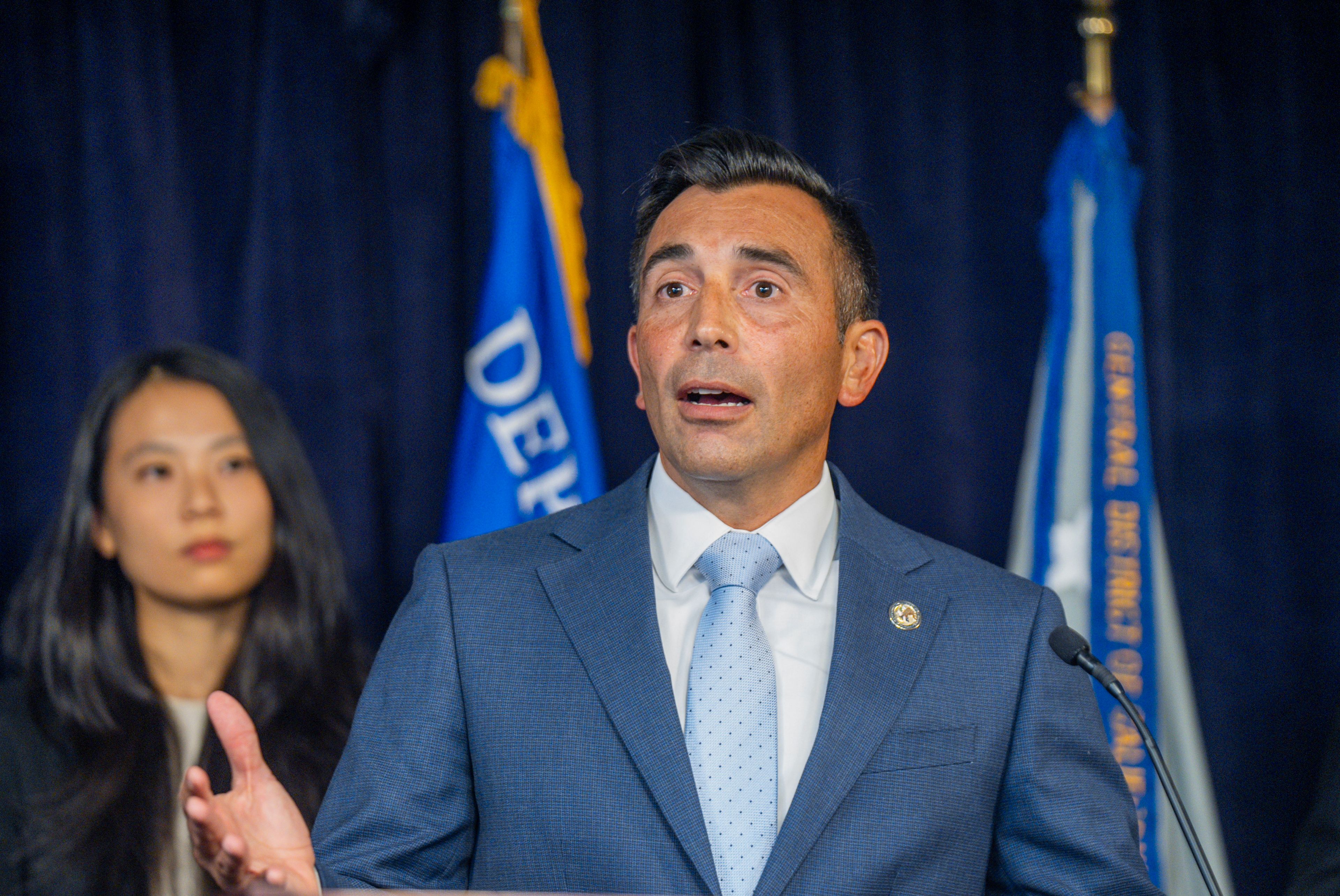 United States Attorney Martin Estrada announces five people have been charged in connection with actor Matthew Perry's death, including the actor's assistant and two doctors, doing a news conference in Los Angeles on Thursday, Aug. 15, 2024. (AP Photo/Damian Dovarganes)