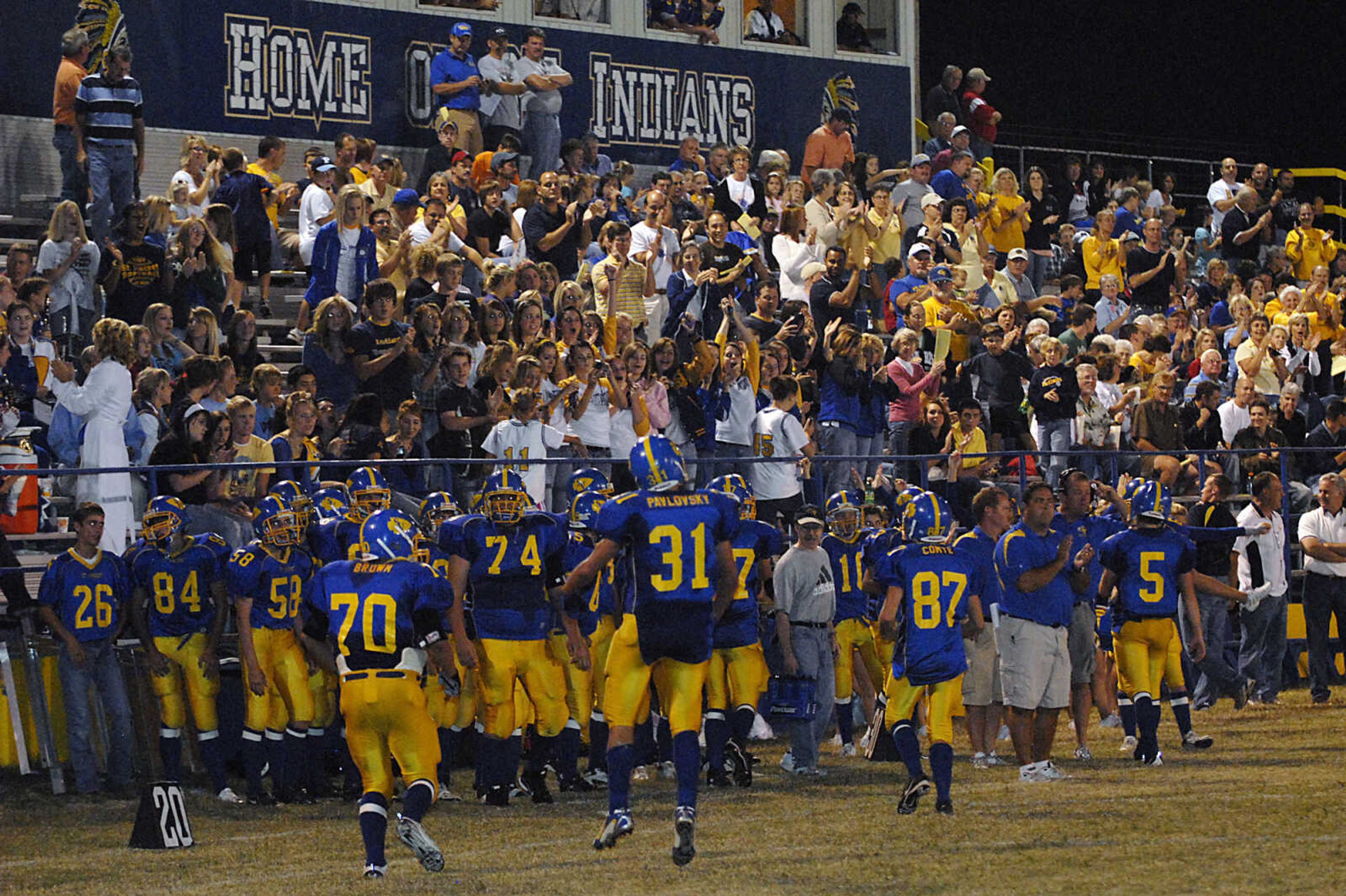 KIT DOYLE ~ kdoyle@semissourian.com
The St. Vincent stands celebrate CJ Pavlovsky's (31) touchdown Friday evening, September 18, 2009, in Perryville.