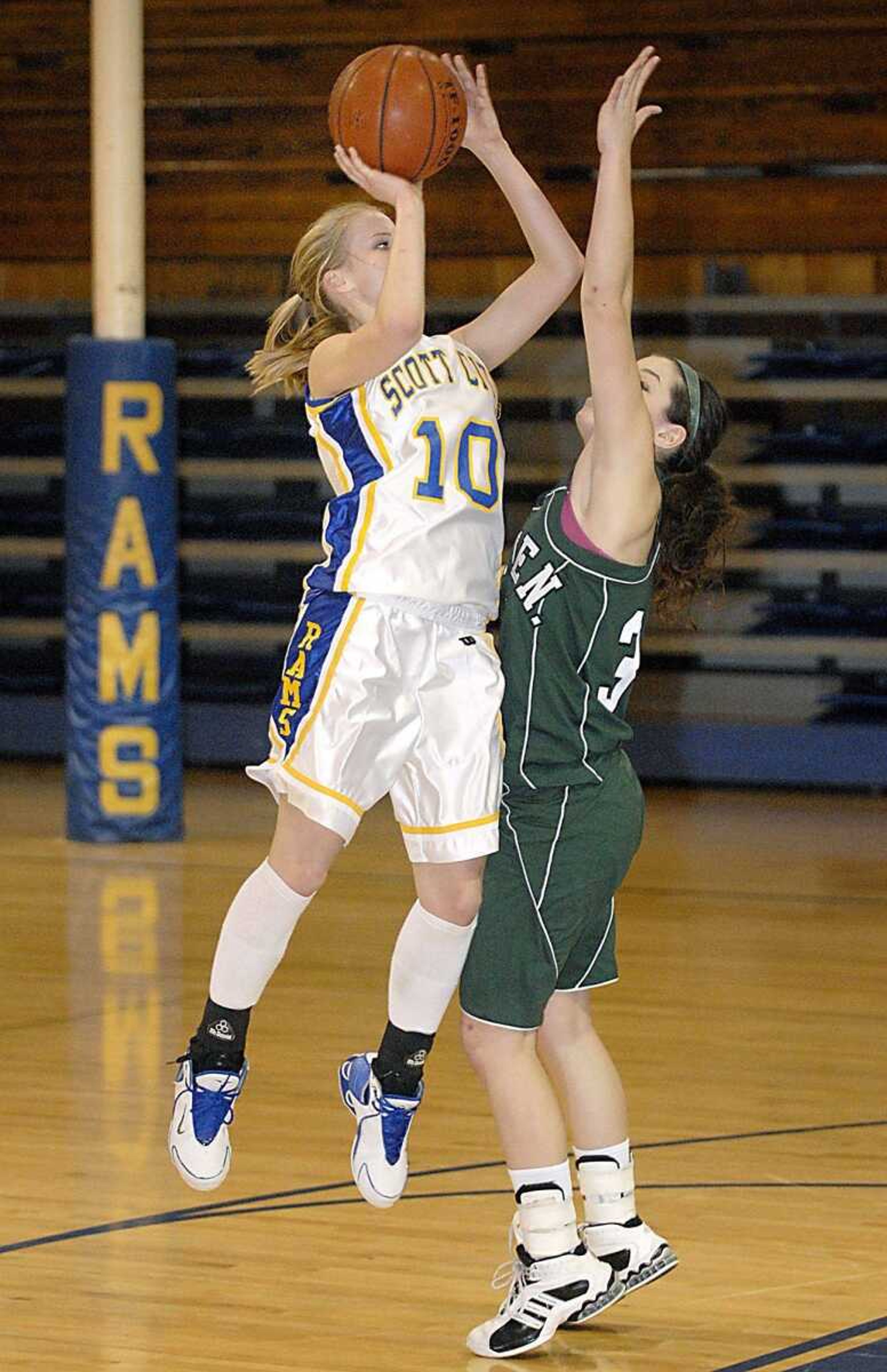 Scott City senior Whitney Tapley shot over Ste. Genevieve defender Tisha Meyer at the end of the first half Wednesday in Scott City. (Kit Doyle)