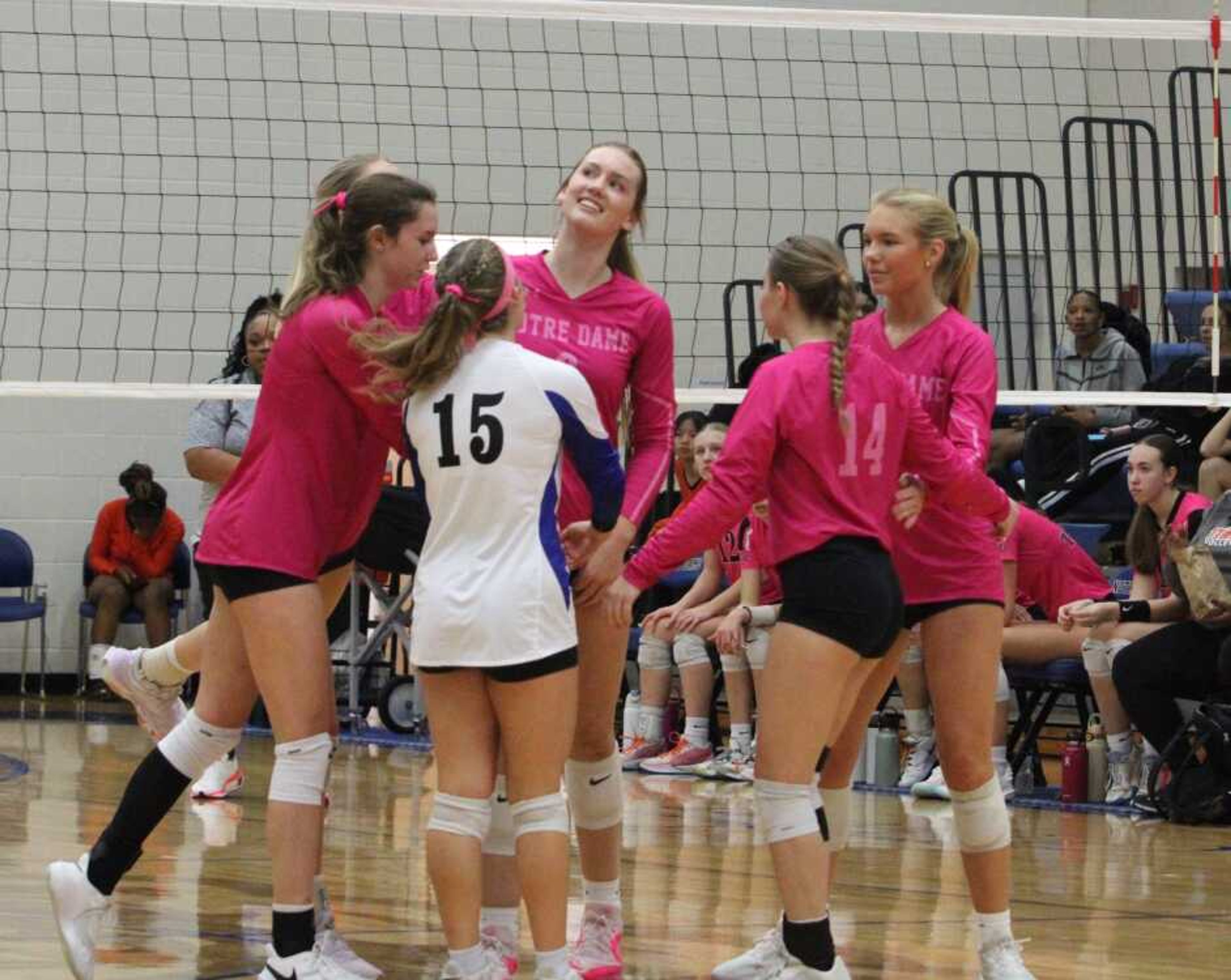 Notre Dame celebrates scoring a point during its game against Cape Central on Wednesday, Oct. 16, at Notre Dame Regional High School in Cape Girardeau.