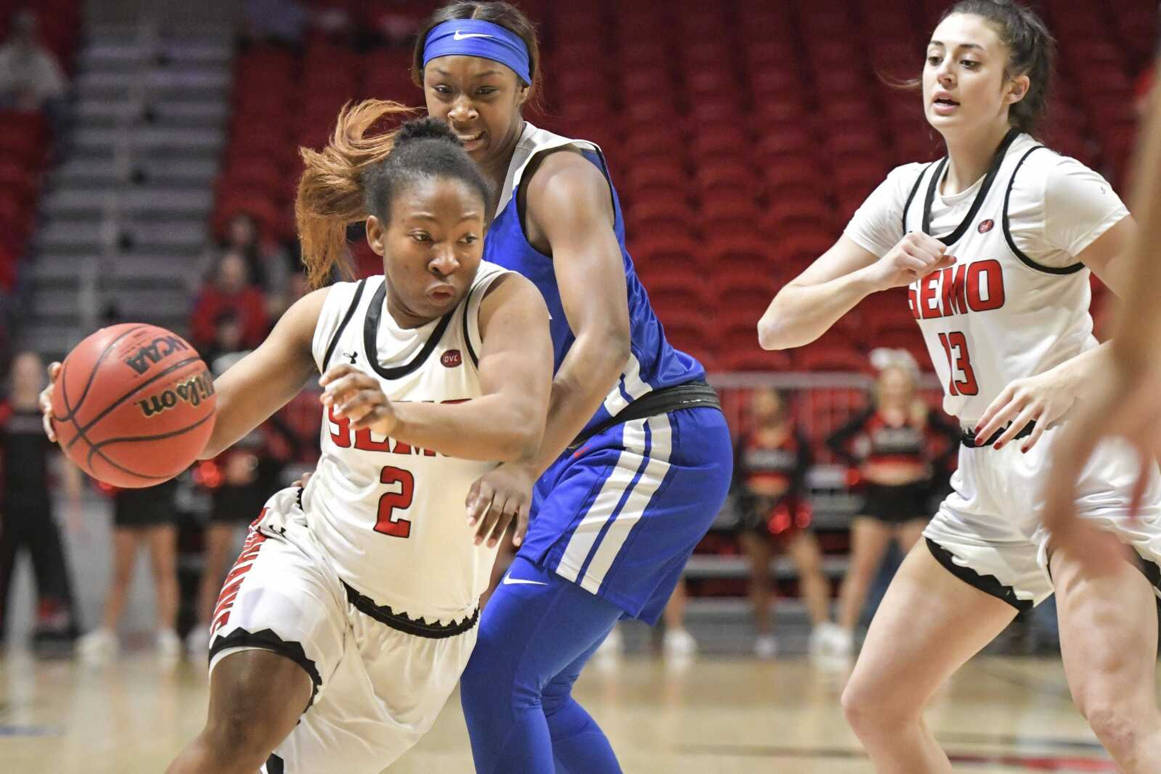 Southeast's Carrie Shephard (2) drives to the basket during a game against Tennessee State Saturday, Jan. 11, 2020, at the Show Me Center in Cape Girardeau, Mo.