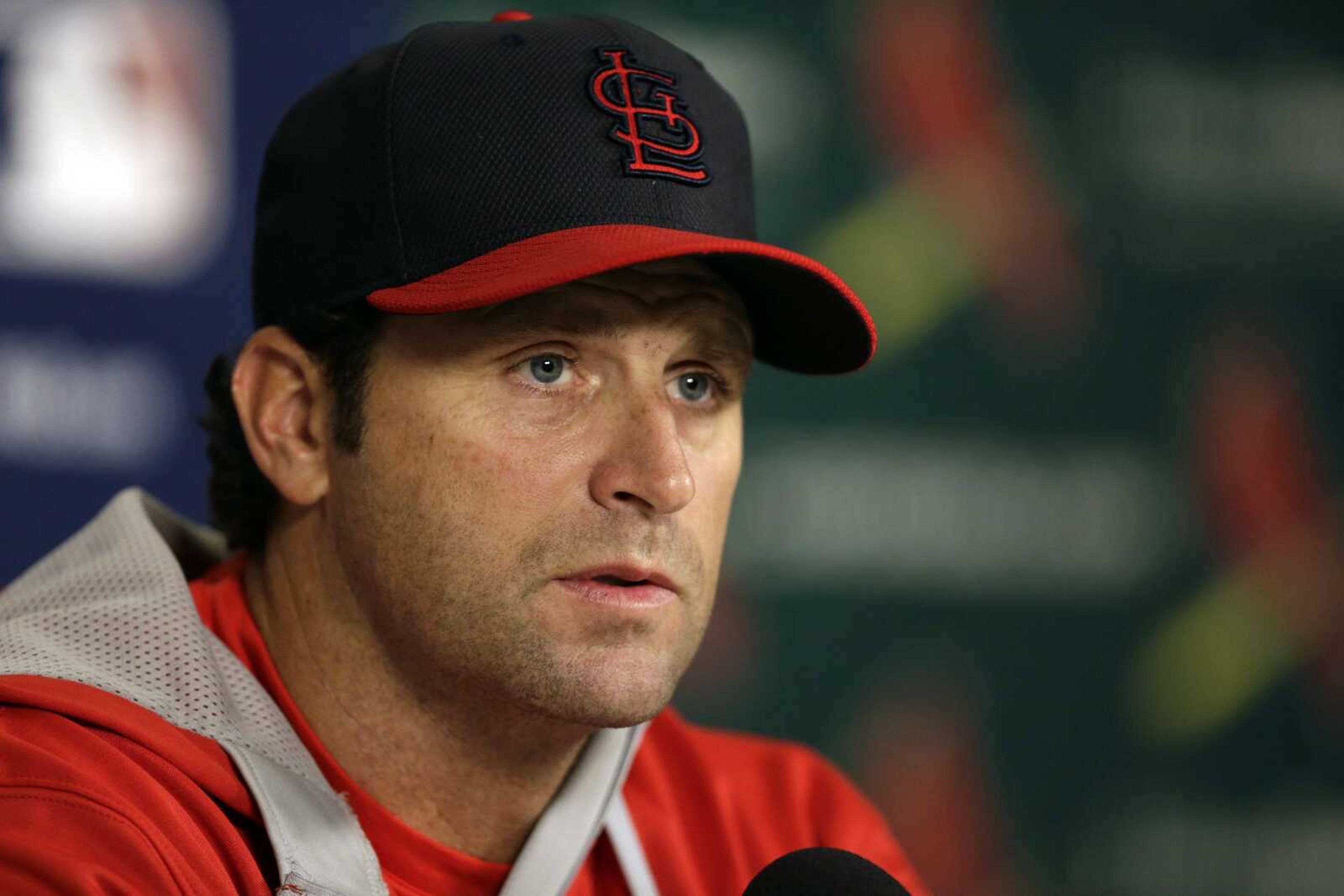 St. Louis Cardinals manager Mike Matheny speaks during a news conference Friday, Oct. 10, 2014, in St. Louis. The St. Louis Cardinals and San Francisco Giants are scheduled to play Game 1 of baseball's National League Championship Series on Saturday in St. Louis. (AP Photo/Jeff Roberson)