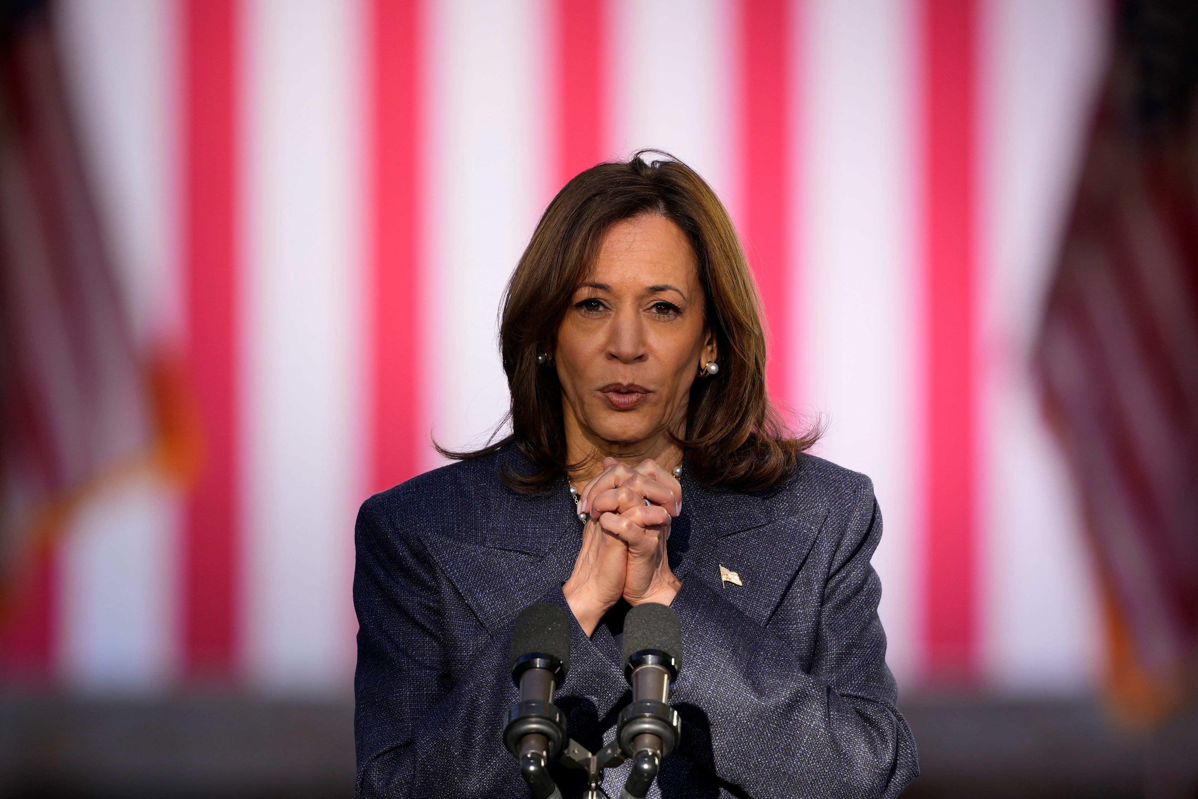 Democratic presidential nominee Vice President Kamala Harris speaks during a campaign event at Washington Crossing Historic Park, Wednesday, Oct. 16, 2024, in Washington Crossing, Pa. (AP Photo/Matt Slocum)