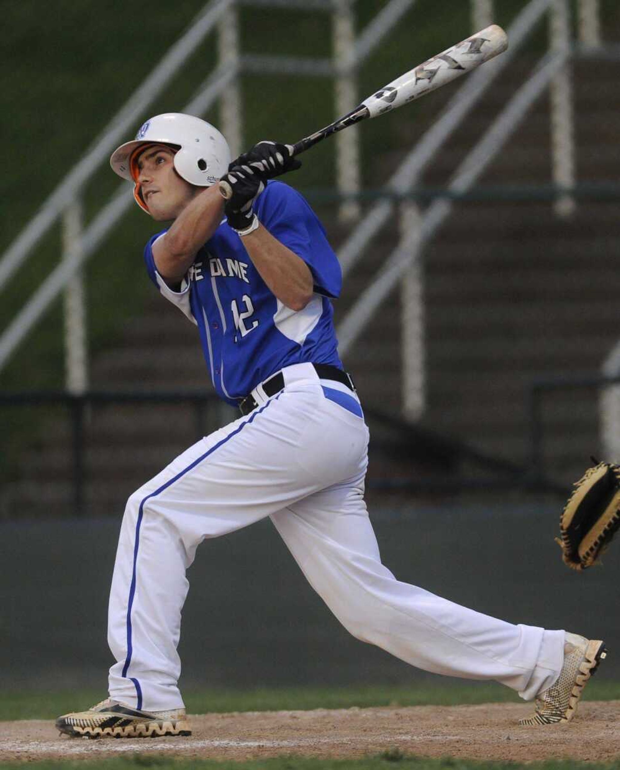 Notre Dame&#8217;s Griffin Siebert drives in a run against Kennett during the first inning of the SEMO Conference championship game Monday at Capaha Field. (Fred Lynch)