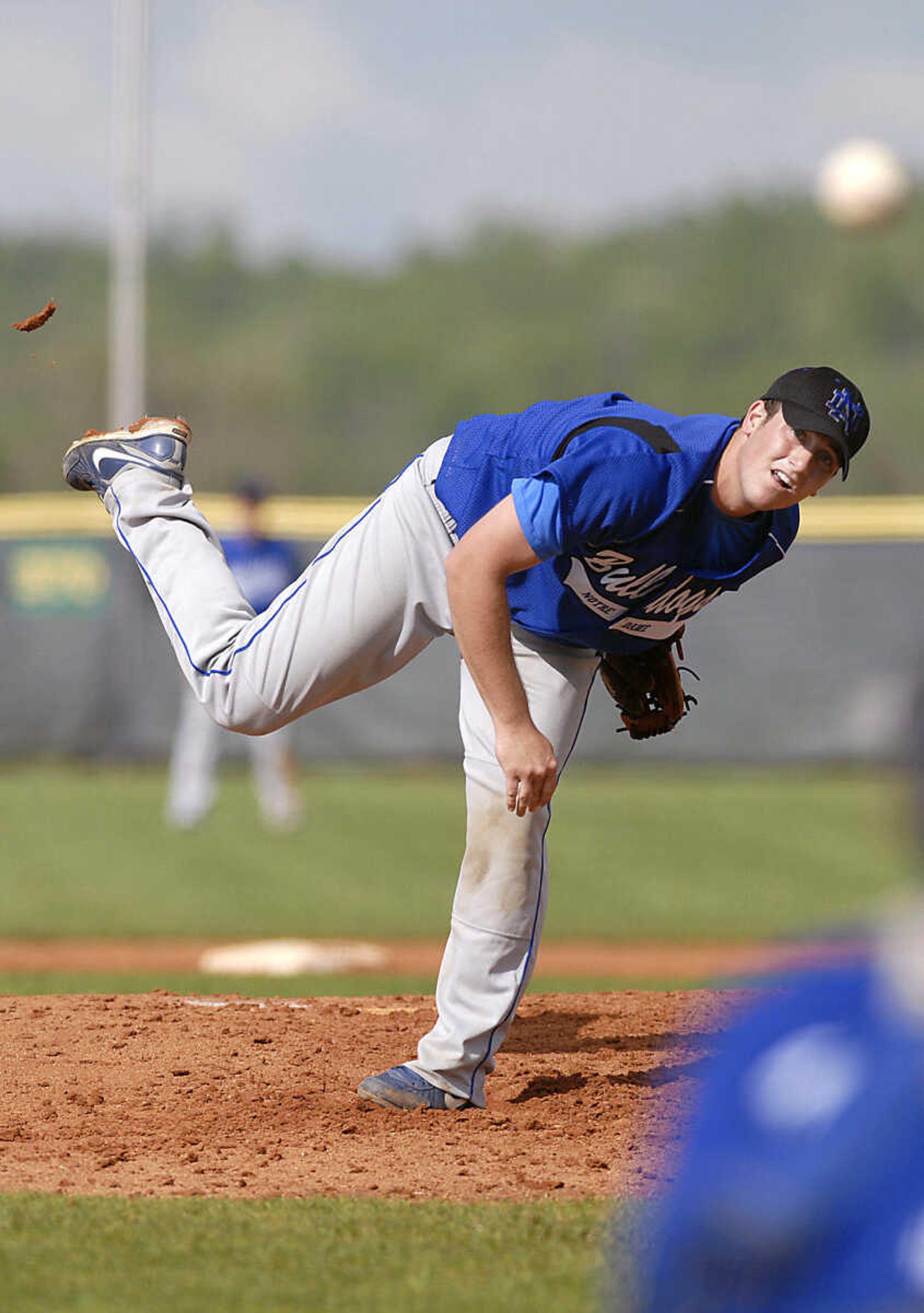 Notre Dame's Dylan Drury delivers Tuesday, April 28, 2009, against Sikeston in Cape Girardeau.