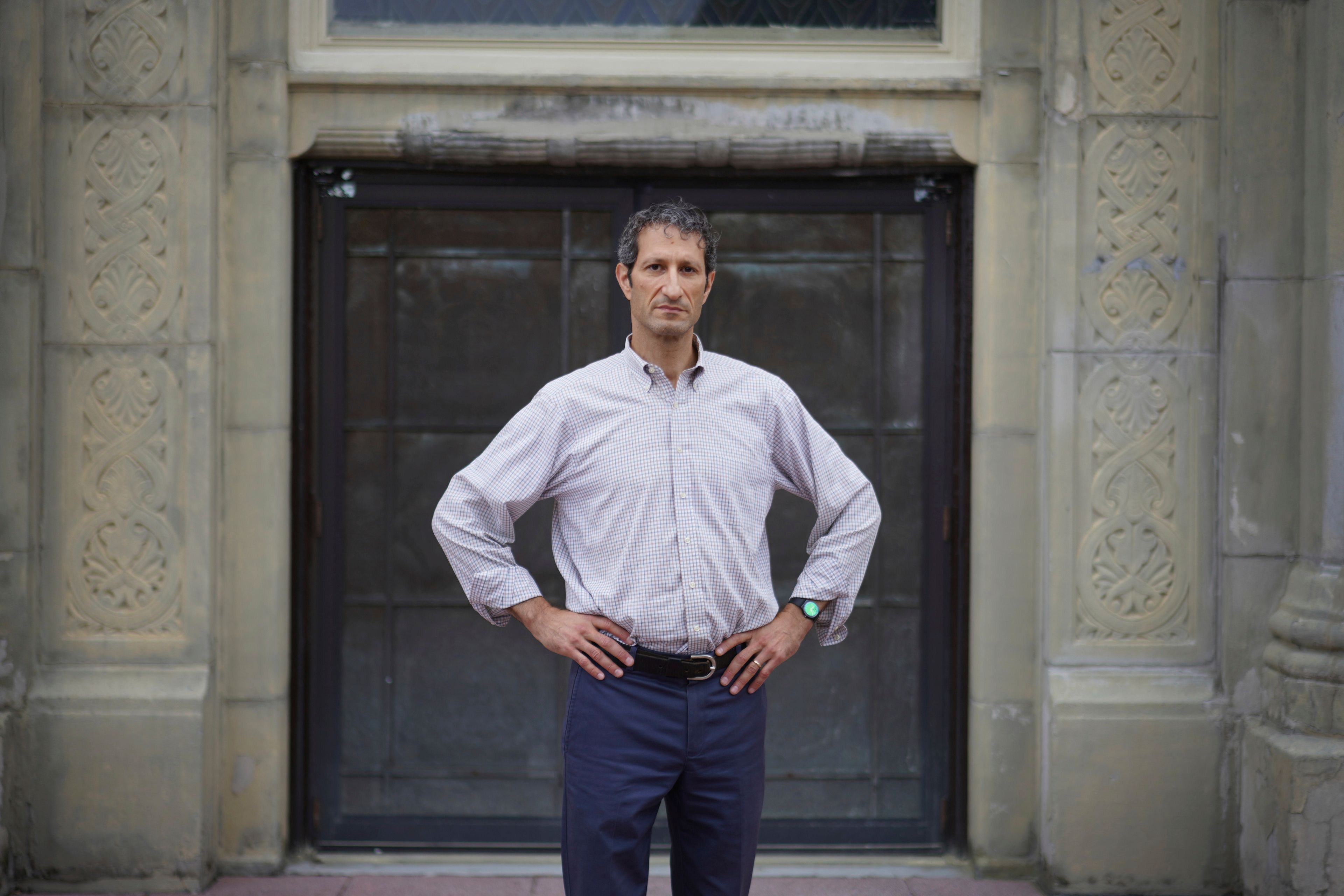 Rabbi Seth Adelson stands outside of Congregation Beth Shalom, a Conservative synagogue located just blocks from Tree of Life synagogue, Friday, Sept. 27, 2024, in Pittsburgh. (AP Photo/Jessie Wardarski)