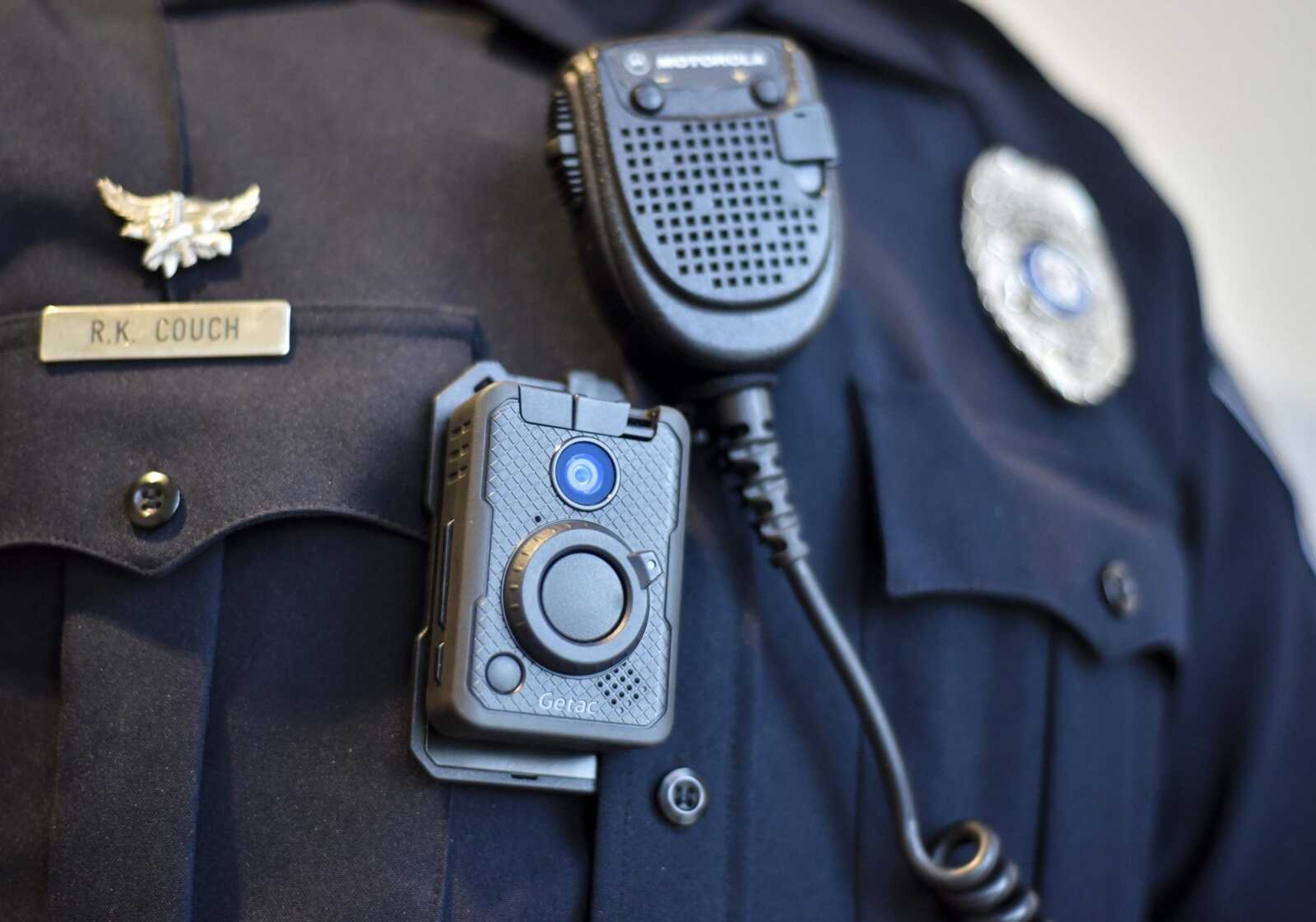 Cpl. Richard Couch wears one of the department's new Getac body cameras Wednesday, May 9, 2018 at the Cape Girardeau Police Department.