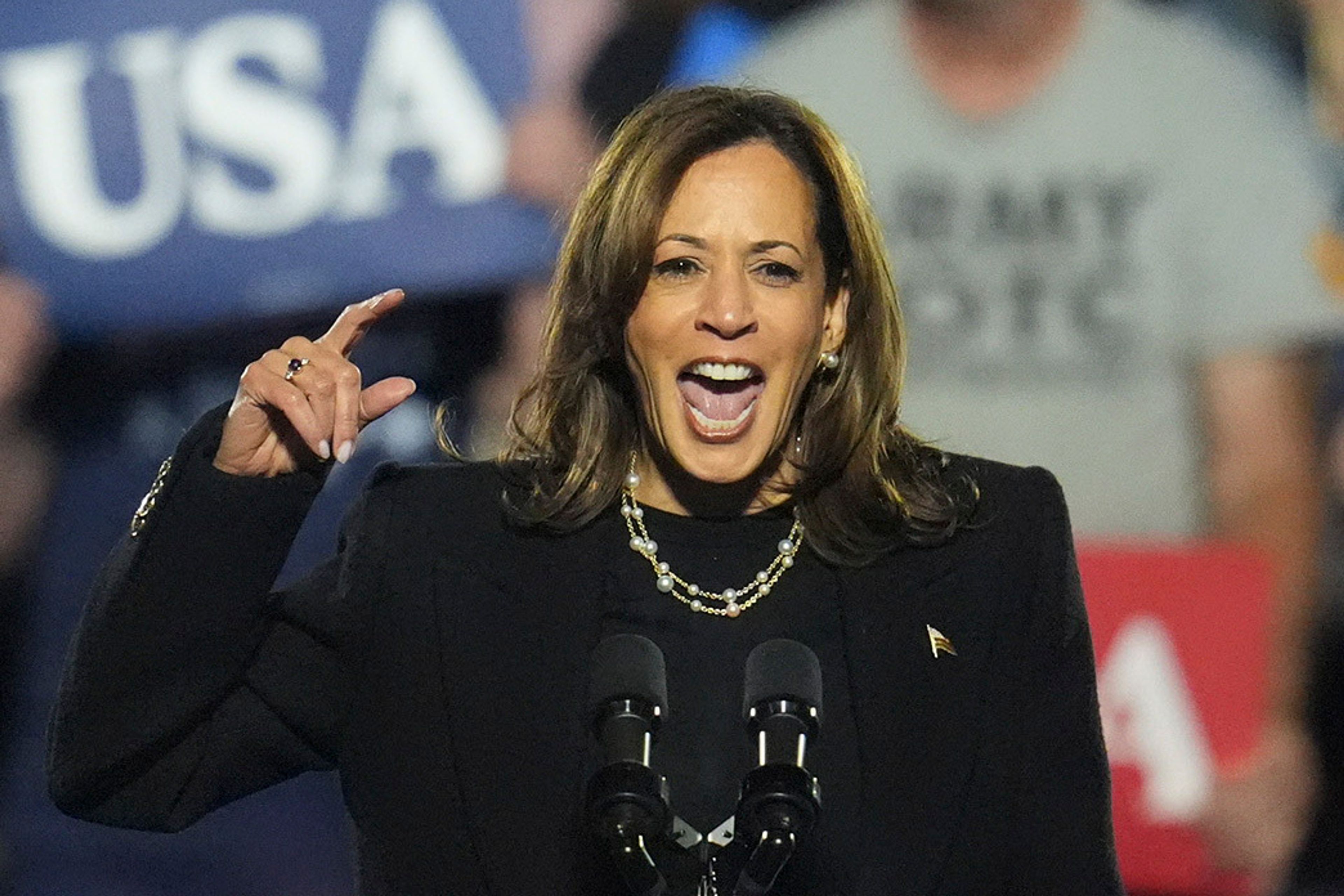 Democratic presidential nominee Vice President Kamala Harris speaks during a campaign rally at Carrie Blast Furnaces in Pittsburgh, Monday, Nov. 4, 2024. (AP Photo/Gene J. Puskar)