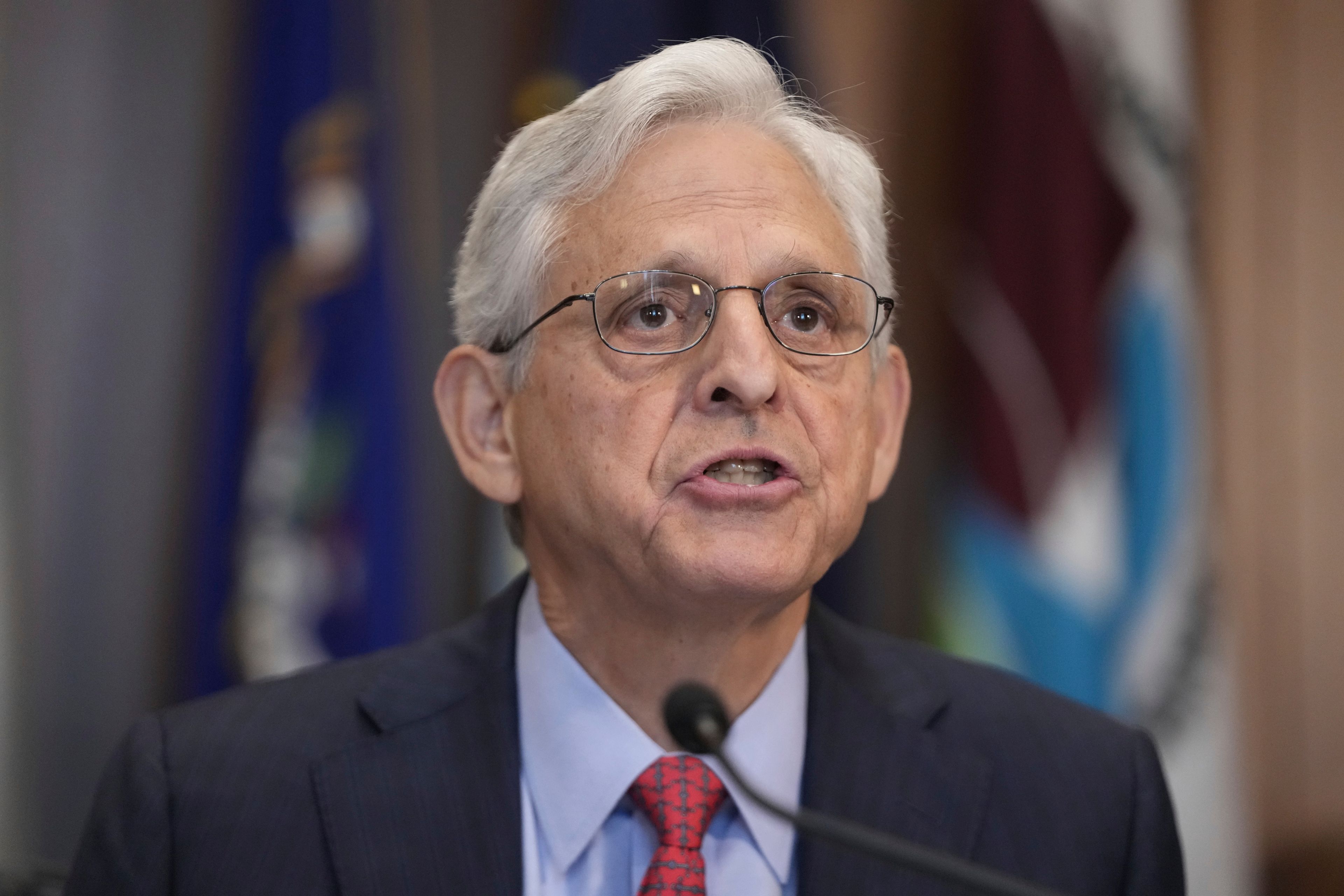 Attorney General Merrick Garland speaks during a meeting of the Justice Department's Election Threats Task Force, at the Department of Justice, Wednesday, Sept. 4, 2024, in Washington. (AP Photo/Mark Schiefelbein)