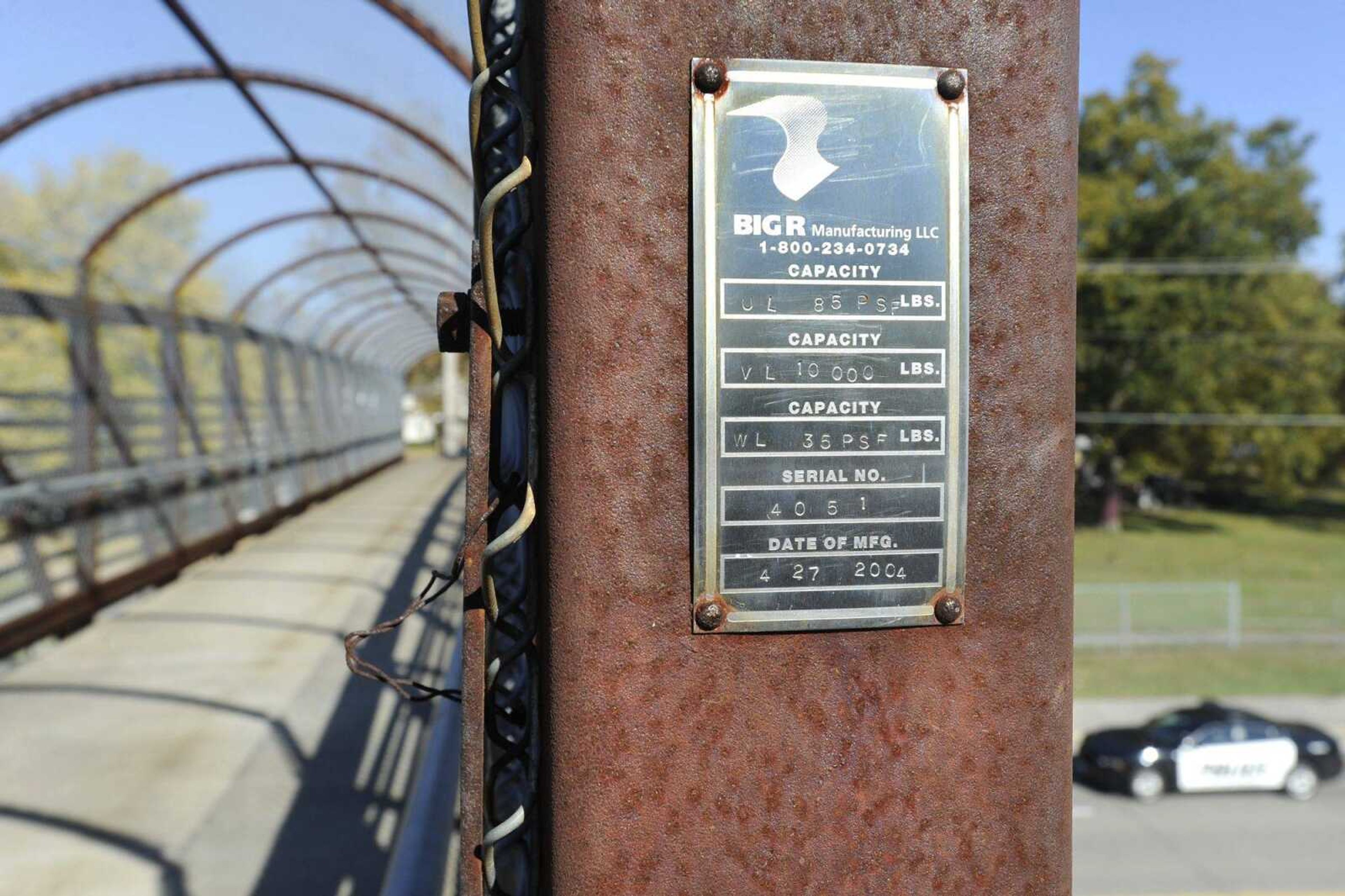 The steel pedestrian bridge that was installed in 2004 over Highway 74 is rusted by design as seen Thursday in Cape Girardeau.