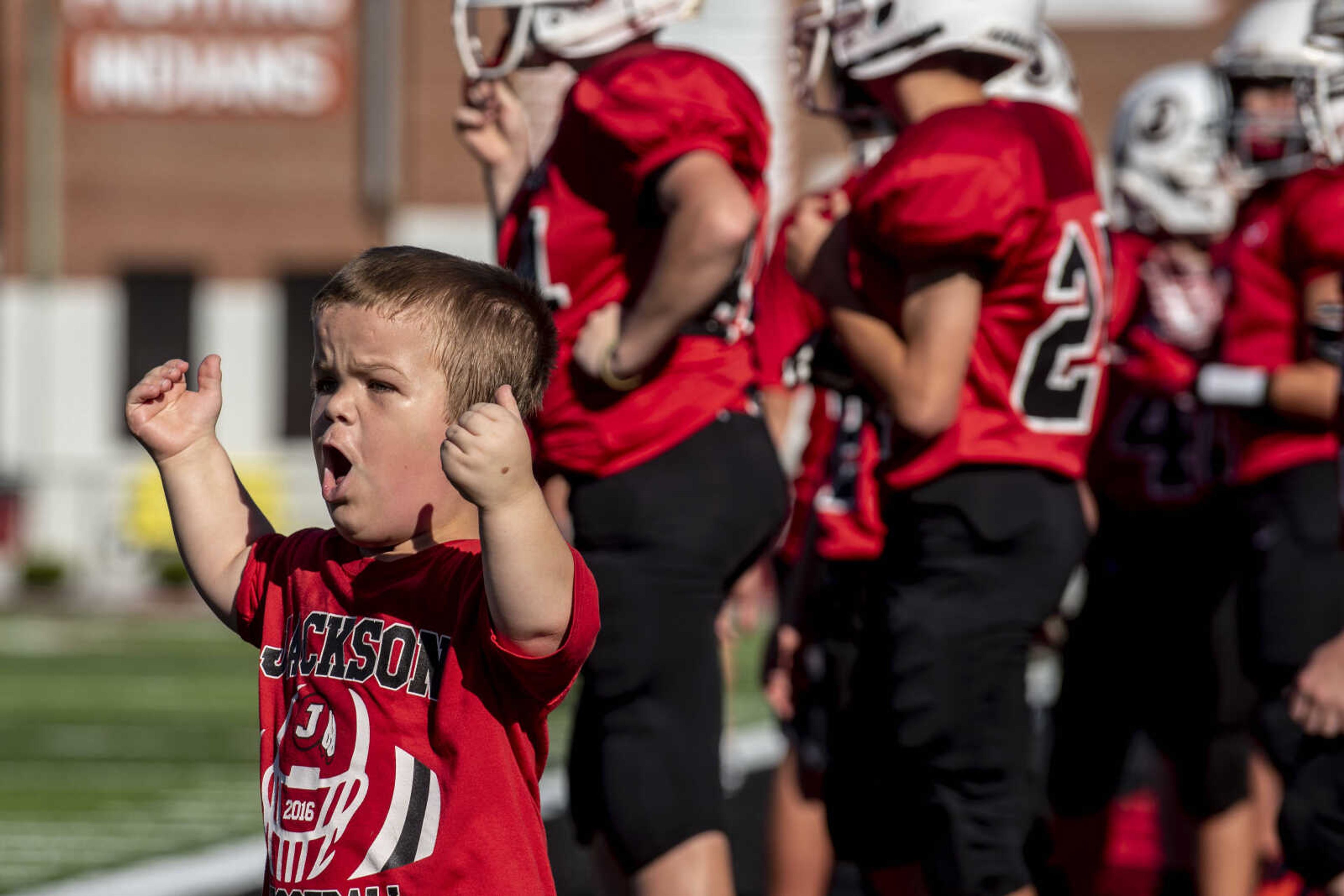 Izaac Pursley yells from the sidelines during a Jackson Junior High football game against Cape Central Sept. 13, 2018, in Jackson.