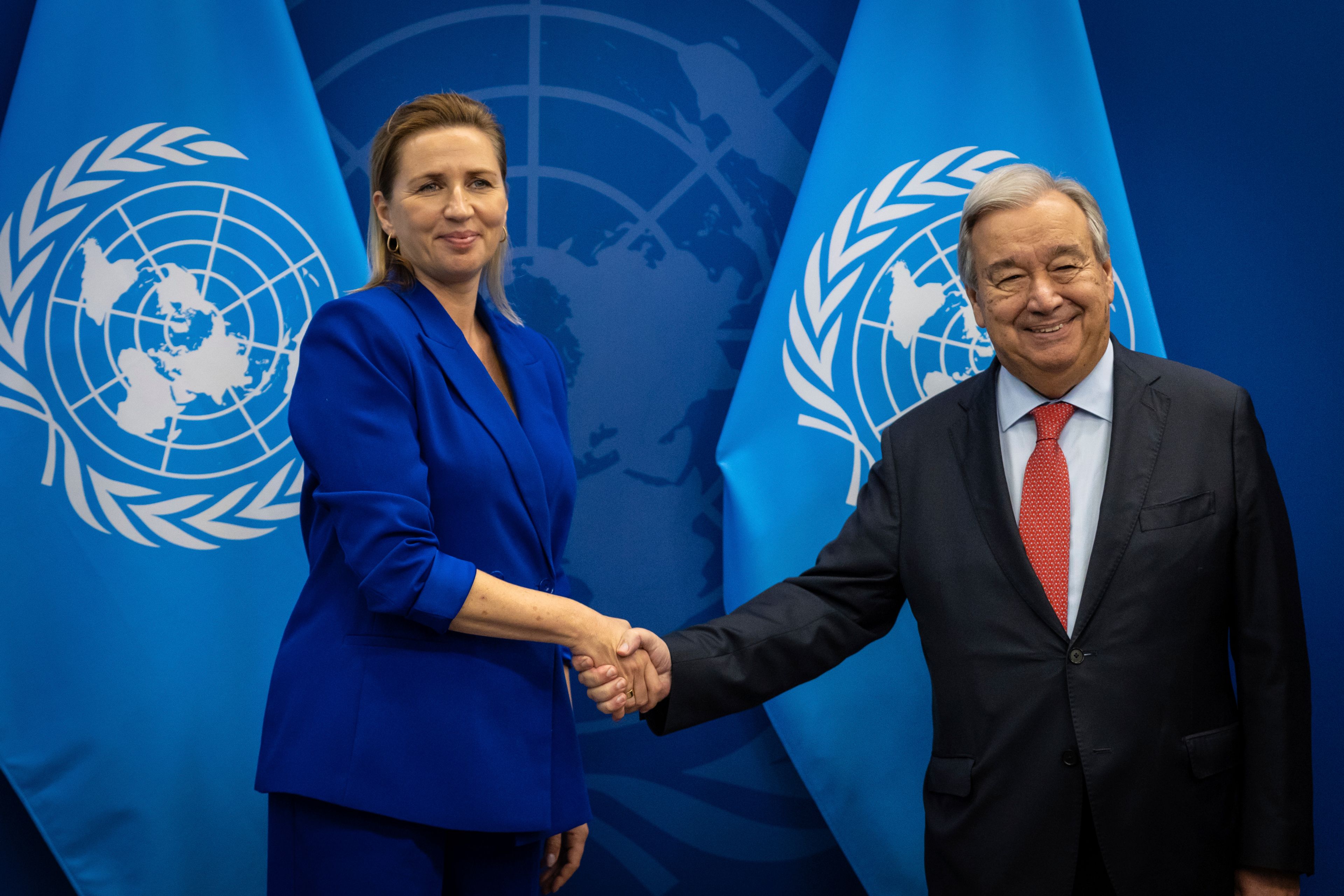 Denmark's Prime Minister, Mette Frederiksen, left, and U.N. Secretary-General, Antonio Guterres shake hands at the United Nations Headquarters, Tuesday Sept. 24, 2024. (AP Photo/Stefan Jeremiah)