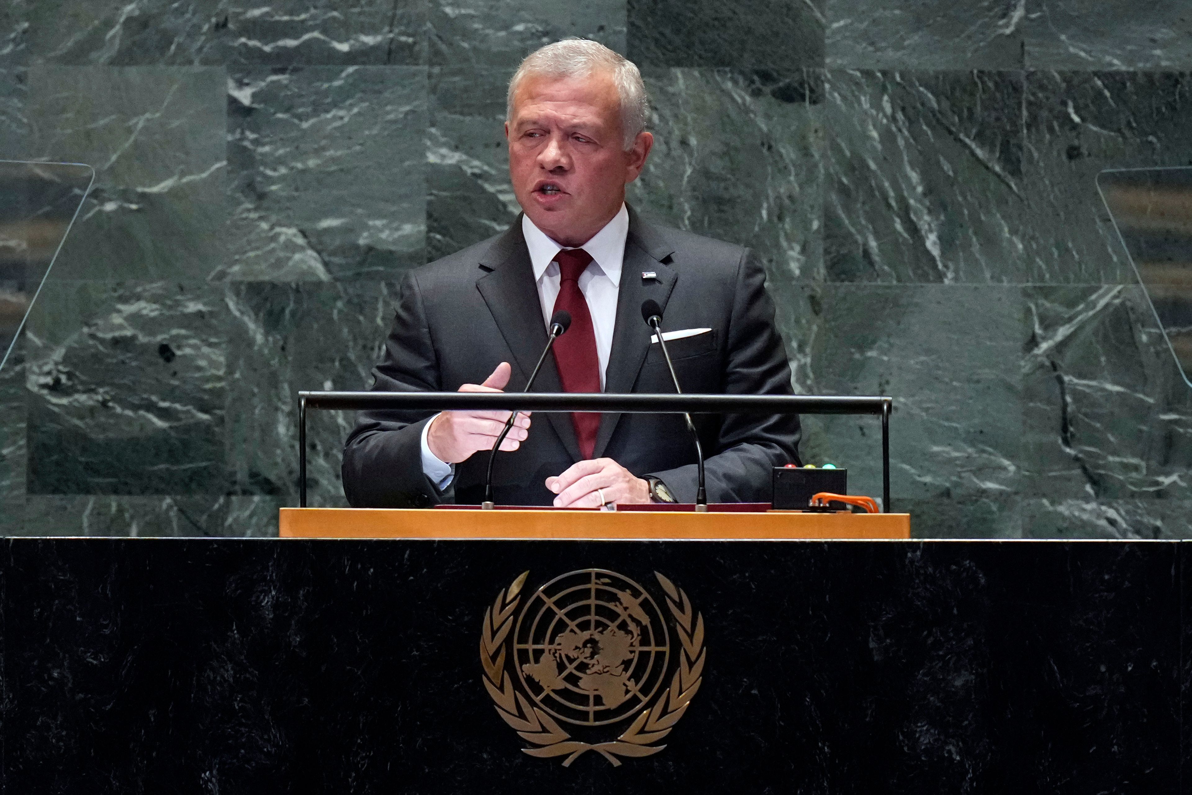 King Abdullah II bin Al Hussein of Jordan addresses the 79th session of the United Nations General Assembly at the United Nations headquarters, Tuesday, Sept. 24, 2024. (AP Photo/Richard Drew)